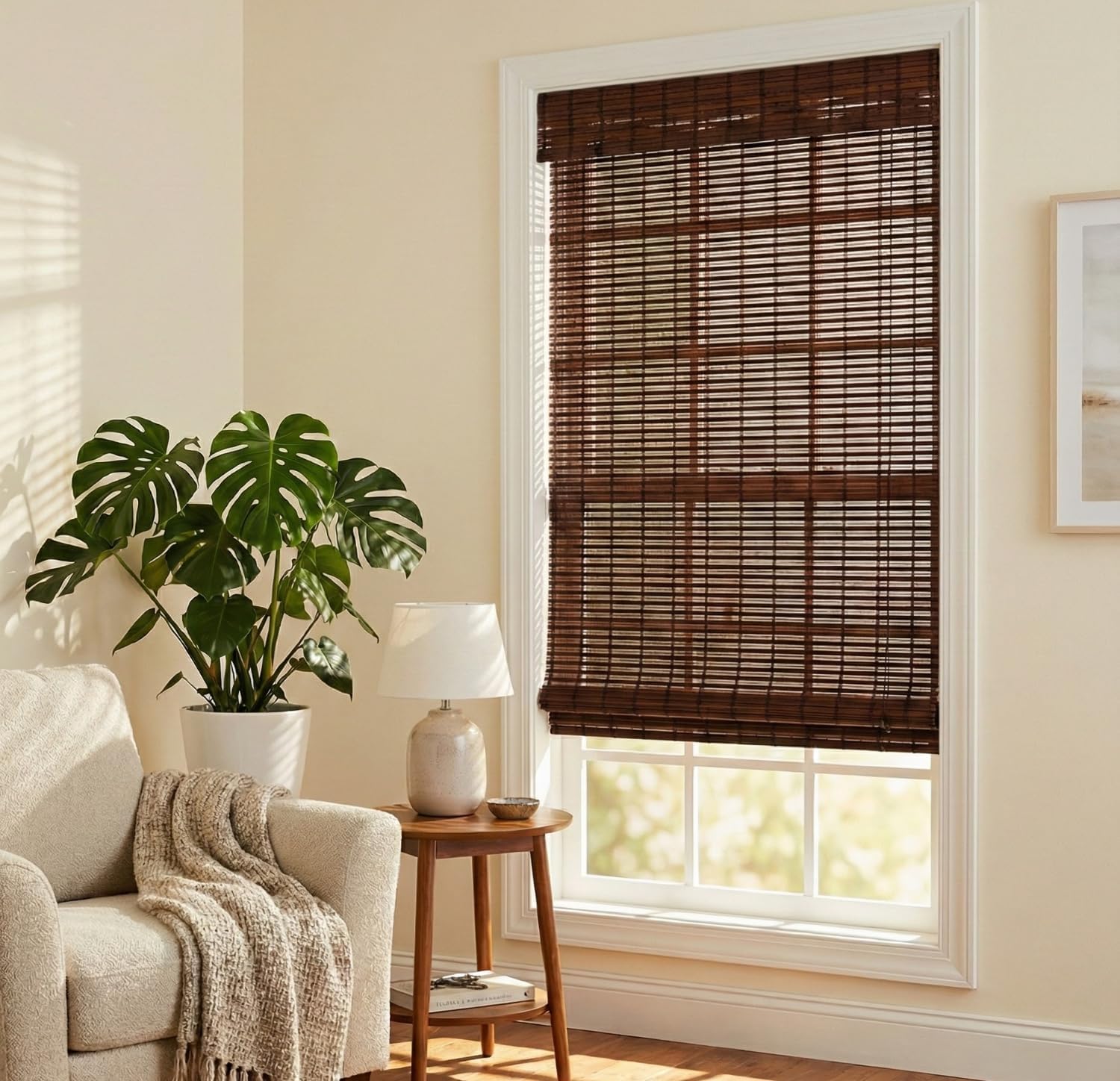 Cordless Woven Wood Bamboo Shades for Windows Teak 24" W x 36" L
