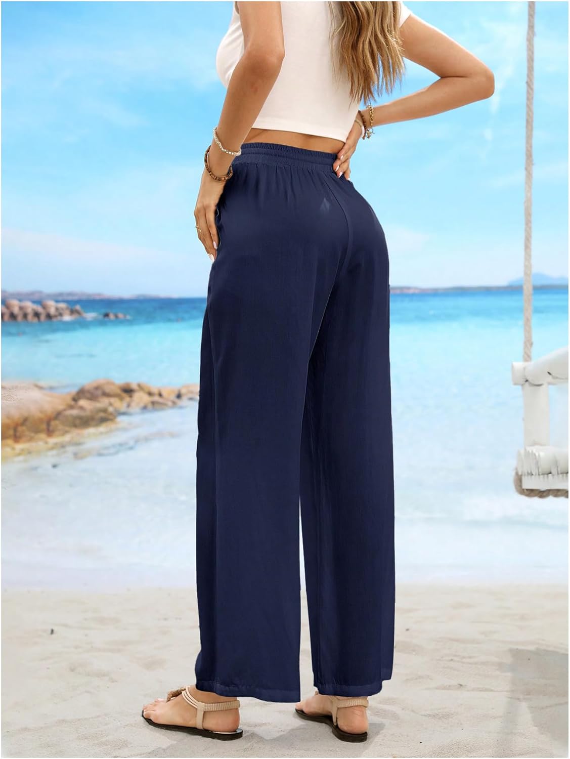 SHENHE Women's Wide Leg Palazzo Pants Drawstring Elastic Beach Vacation Travel Loose Trousers - Image 2