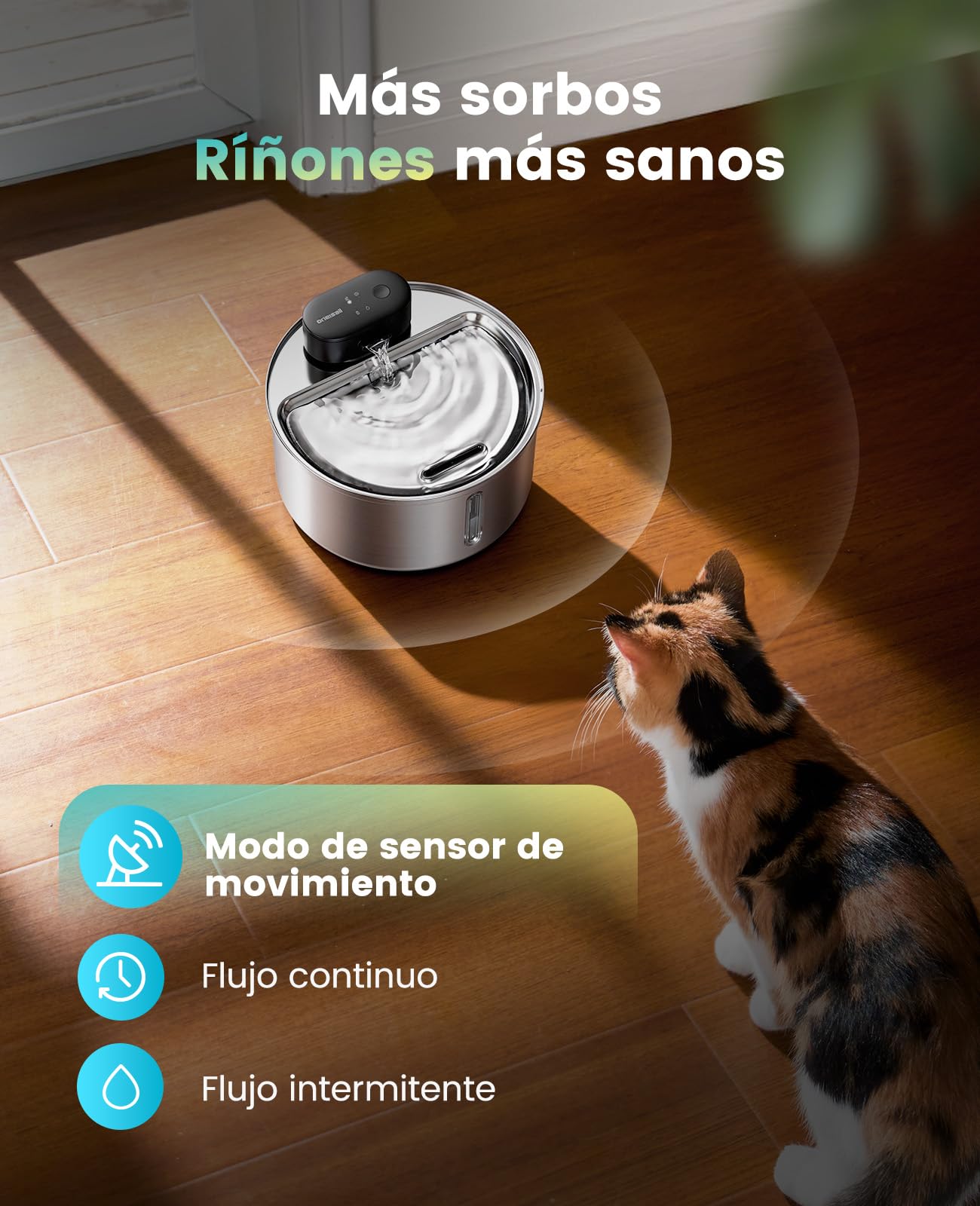 oneisall Fuente para gatos Kabello, 3,2 L, acero inoxidable, fuente para gatos inalámbrica con detector de movimiento, bomba SilentFlow™ de 20 dB, filtro de carbón activo, fuente de agua para gatos