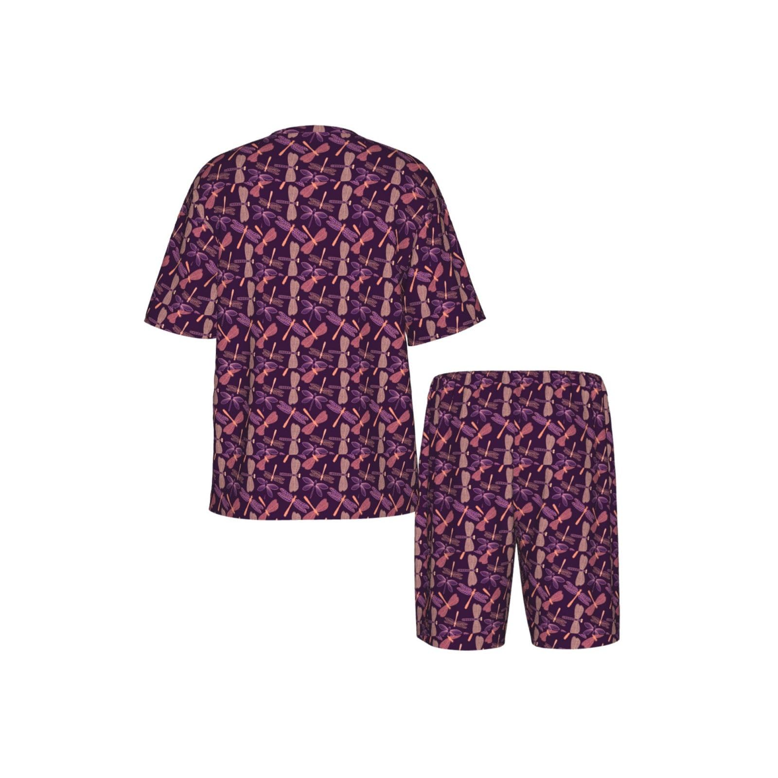 Viola Libellula Stampa Uomo Manica Corta Pigiama Set Pigiameria Leggero Traspirante Morbido Homewear 2 Pezzi