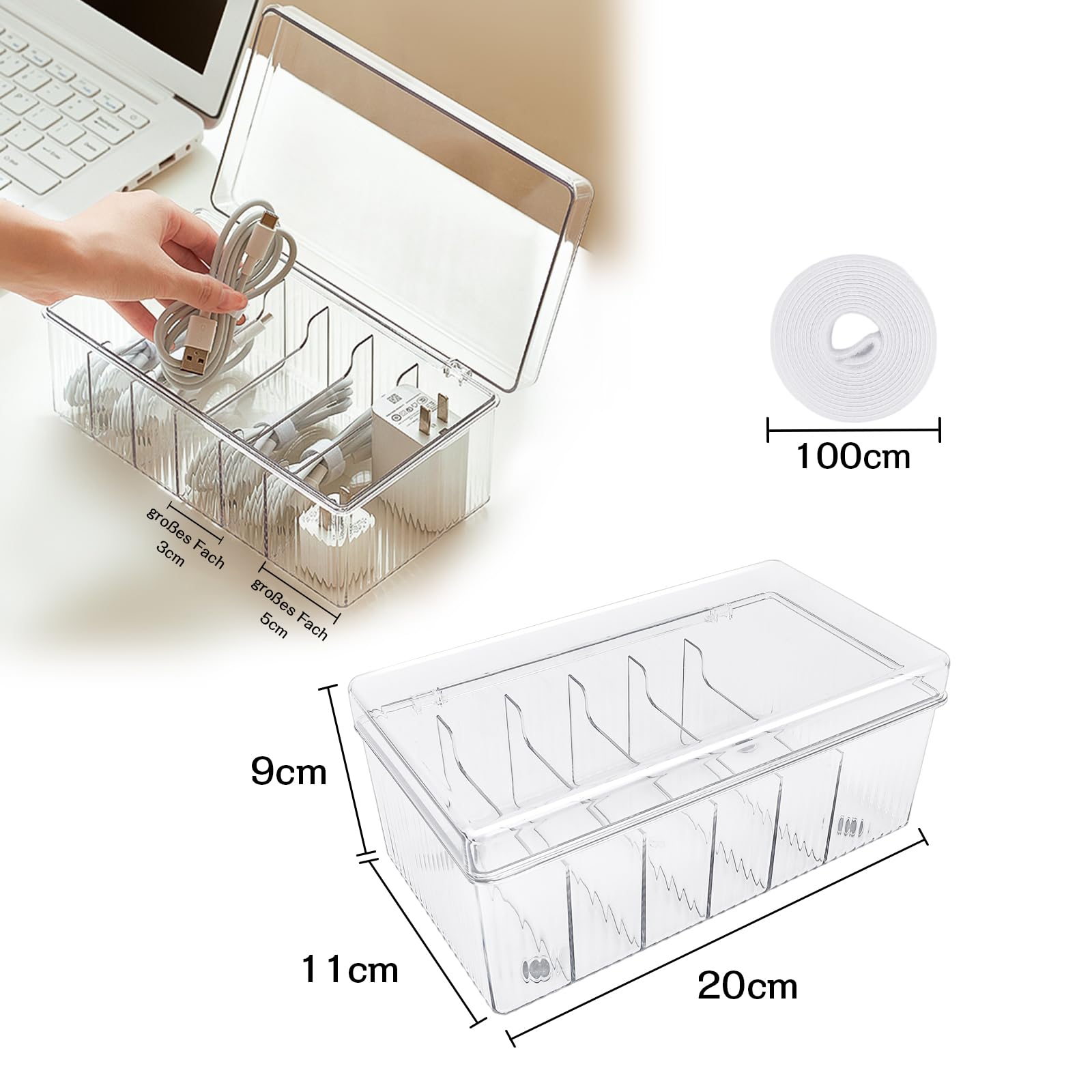 Boîte de Rangement pour Câbles (2 pièces), Boîte de Rangement pour Câbles à 6 Compartiments, Boîte de Gestion des Câbles avec Rouleau de Serre-Câbles pour Le Rangement sur Bureau, Bureau