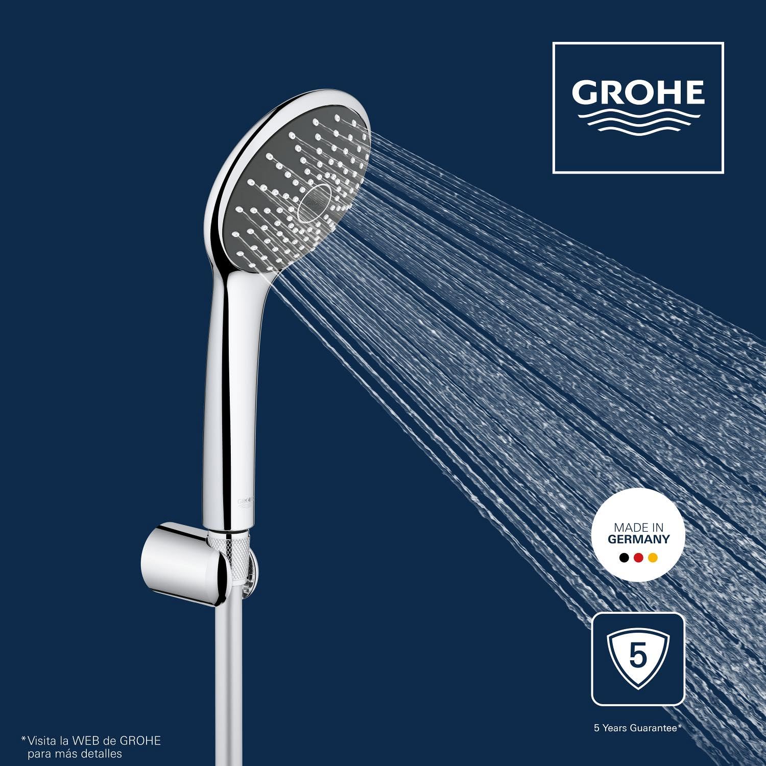 GROHE Vitalio Joy 110- Conjunto de ducha (teleducha 11 cm con 1 chorro, barra ducha 62 cm, soportes de pared metal, flexo 1,75 m, menor consumo agua, instalación QuickGlue), cromo, 27324000