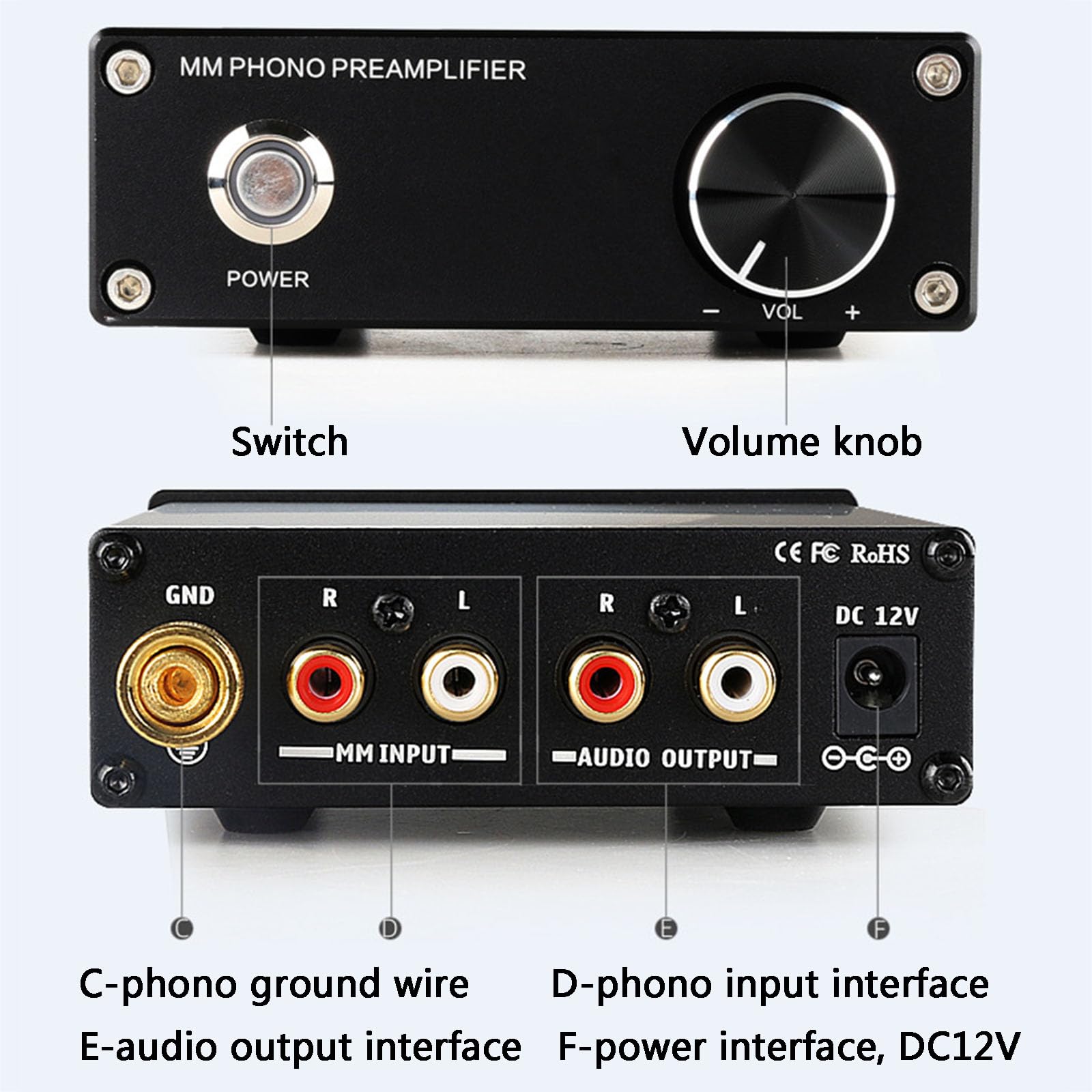 Preamplificador de Phono MM/MC, preamplificador de Tocadiscos, preamplificador Hi-Fi, con Volumen Ajustable, Entrada y Salida RCA, Adaptador de Corriente, para fonógrafo de Audio estéreo. (A)