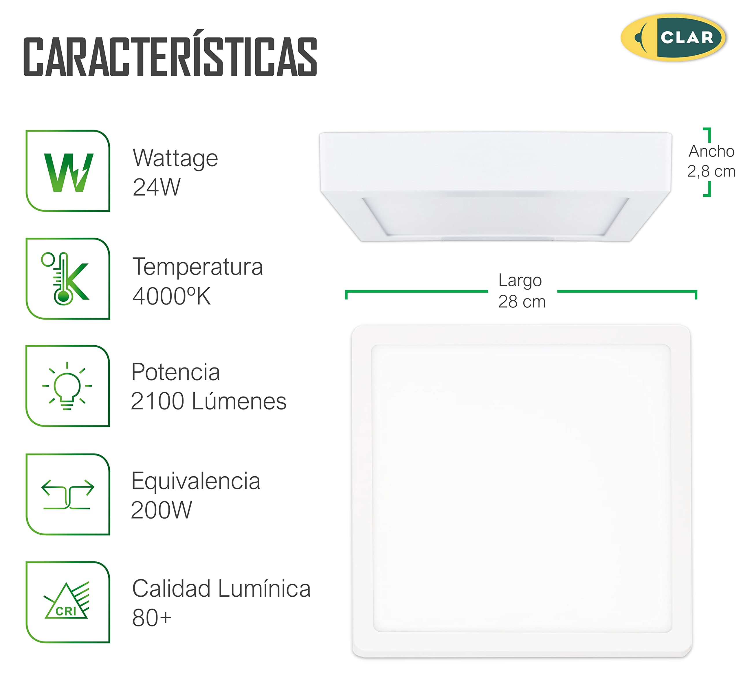 CLAR - Downlight LED Superficie Cuadrado, Plafones Para Techo LED, Candeeiro Teto Cozinha, Candeeiro De Teto, Lampara Cocina, Luz Neutra 4000ºK 24W (Pack 2)