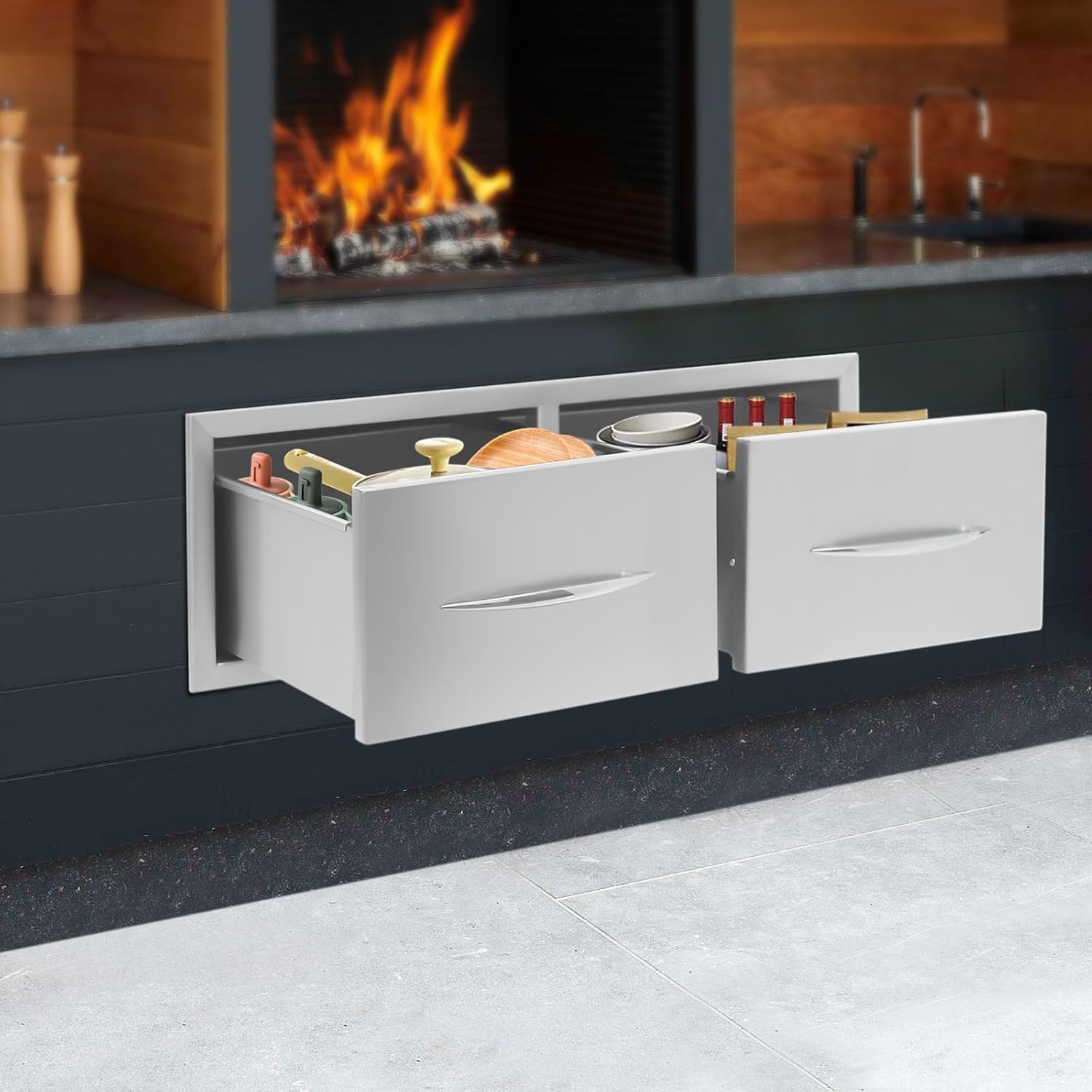 Horizontal Double Drawers Outdoor Kitchen Drawer, 29.5 x 19.7 x 10 inches Stainless Steel Barbecue Access Drawers with Handle, Outdoor Kitchens Barbecue Islands Drawer
