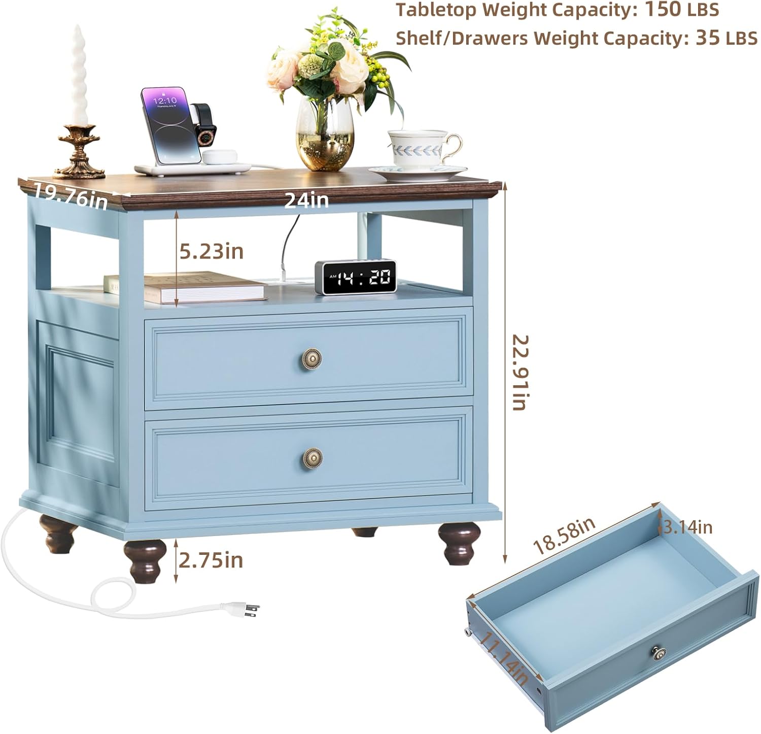 Joaxswe Farmhouse Nightstand with Charging Station, 24" Wide End Table with 2 Drawers, Light Blue Dresser for Bedroom,Wood Bed Side Table Chest of Drawers Cabinet,Night Stand for Living Room,Closet