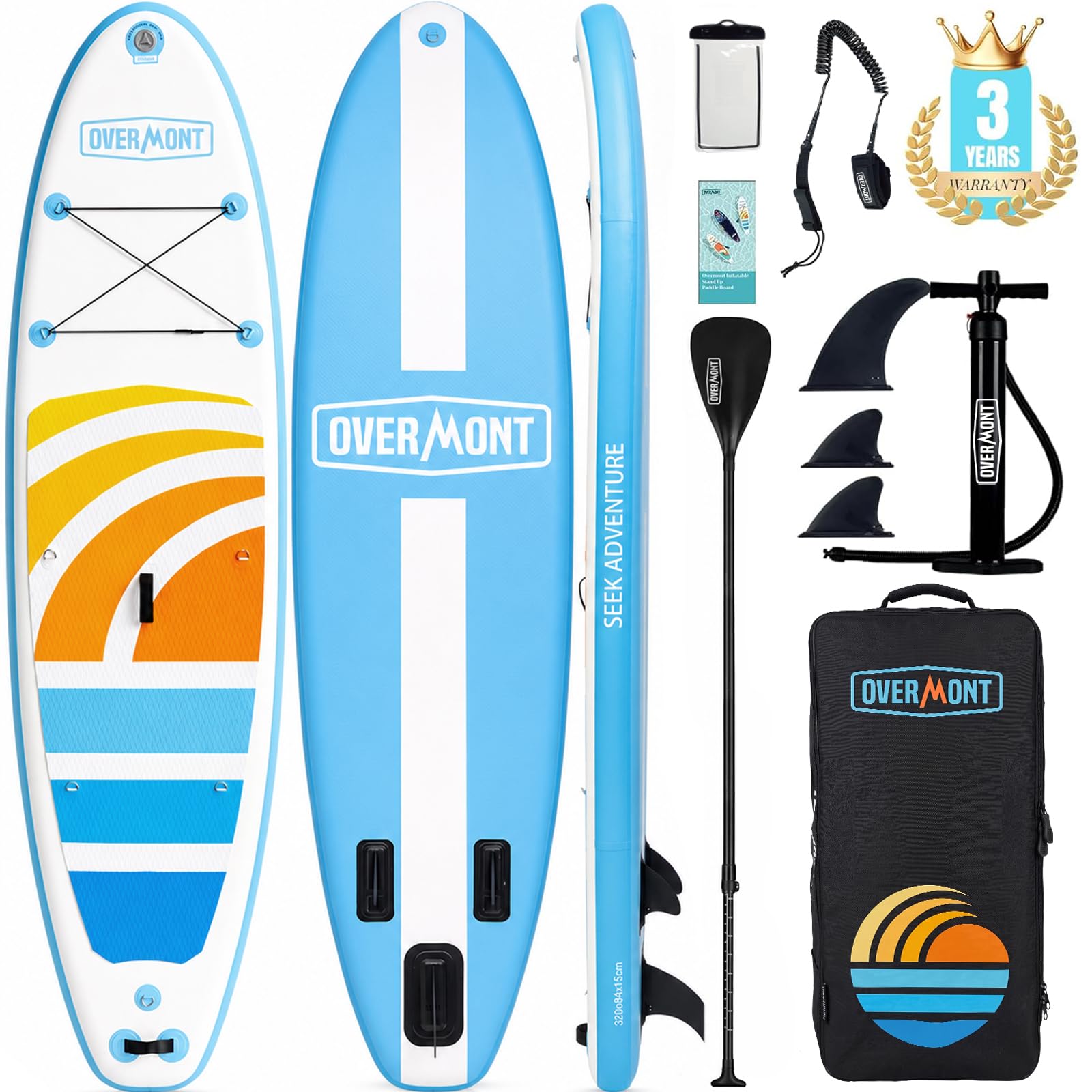 Overmont SUP Board Aufblasbar Stand Up Paddle Board für Erwachsene 323x84x15 cm, Komplettes SUP Set mit Verstellbarem Paddel, Pumpe, Rucksack, Leash & 3 Finnen