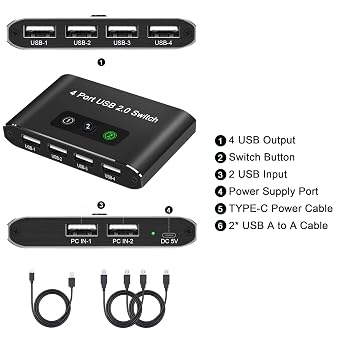 USB 2.0 Switch, 2 Computers Sharing 4 Devices, USB 2.0 Switcher for Mouse, Keyboard, Printer, Scanner, Flash Drive, Compatible with Windows, Mac, Linux, Chrome OS
