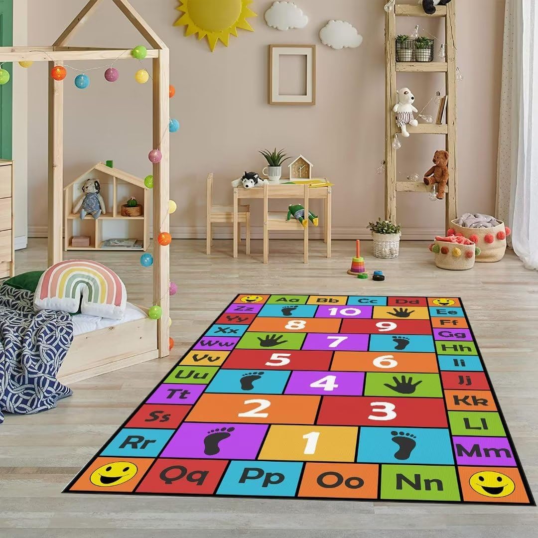 Kid Hopscotch Play Rug, ABC Alphabet Number Educational Carpet, Playroom Classroom Mat Non-Slip Washable (Red 39x59 in)