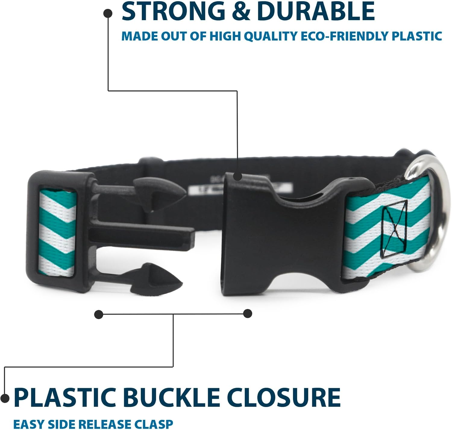 Buckle-Down Plastic Clip Collar - Chevron Stripe White/Teal - 1.5" Wide - Fits 16-23" Neck - Medium