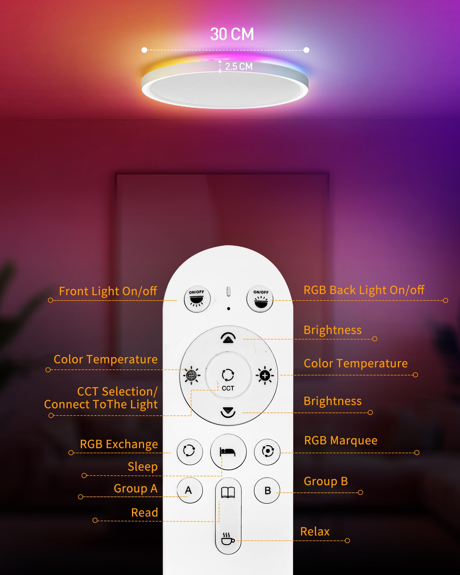 Plafón LED Inteligente 24W Regulable con Mando y Control WiFi – Lámpara de Techo Ultrafina con Luz de Fondo RGB, Compatible con Alexa y Google Home, para Salón y Dormitorio
