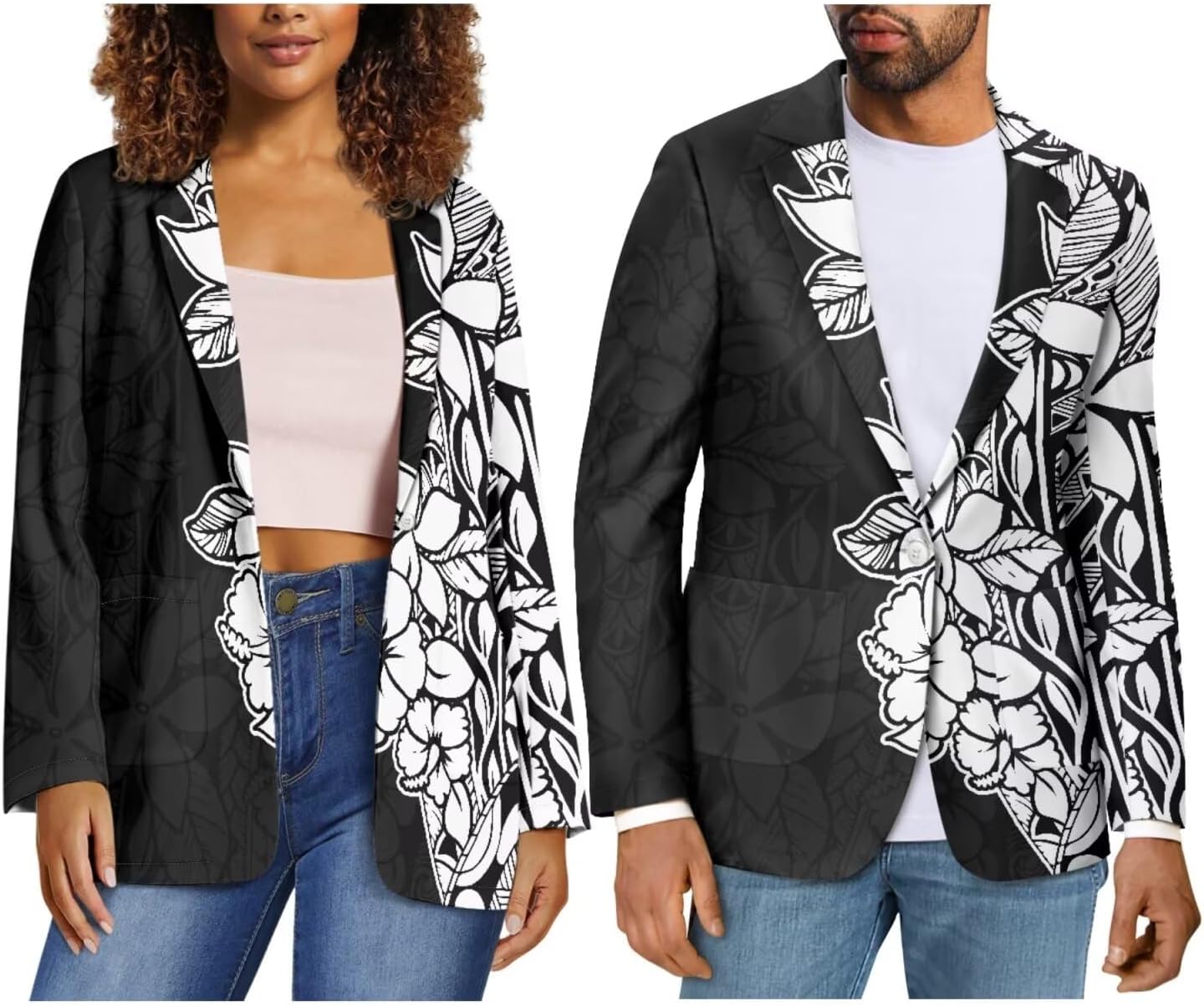 Polynesian Puletasi Samoan Traditional Matching Blazers for Couples Button Down Blazer Jackets with Pockets