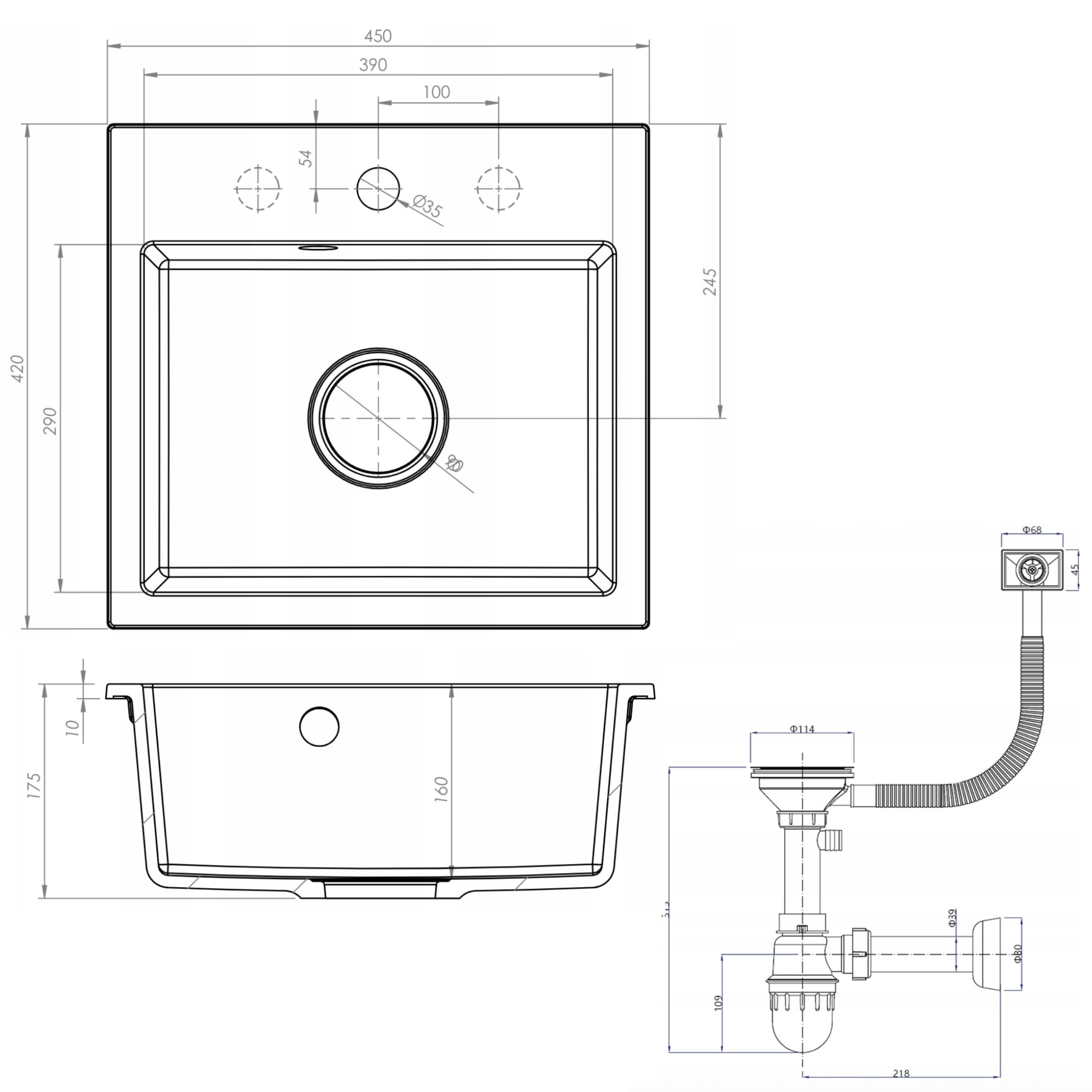 SINK Quality zlewozmywak czarny 45 × 42 cm – zlewozmywak z syfonem – umywalka do szafki pod umywalkę od 45 cm – zlewozmywak granitowy 1 umywalka – czarny zlew bez ociekacza