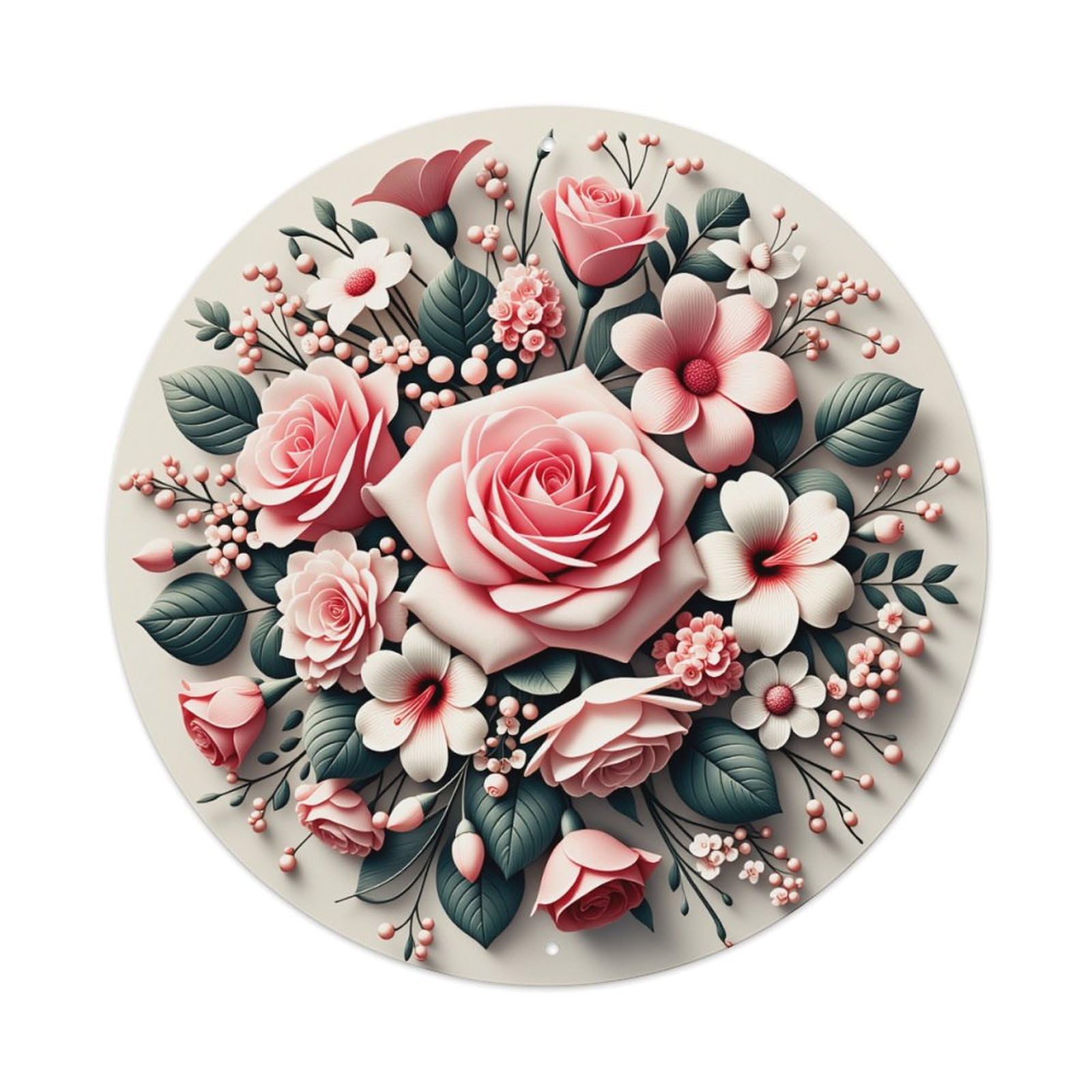 Floral Arrangement With Pink Roses And White Flowers Round Vintage Tin Sign,Retro Wall Art,Metal Poster for Home, Bar, Garage, Cafe, Rustic Indoor & Outdoor Decor, 8x8 Inches