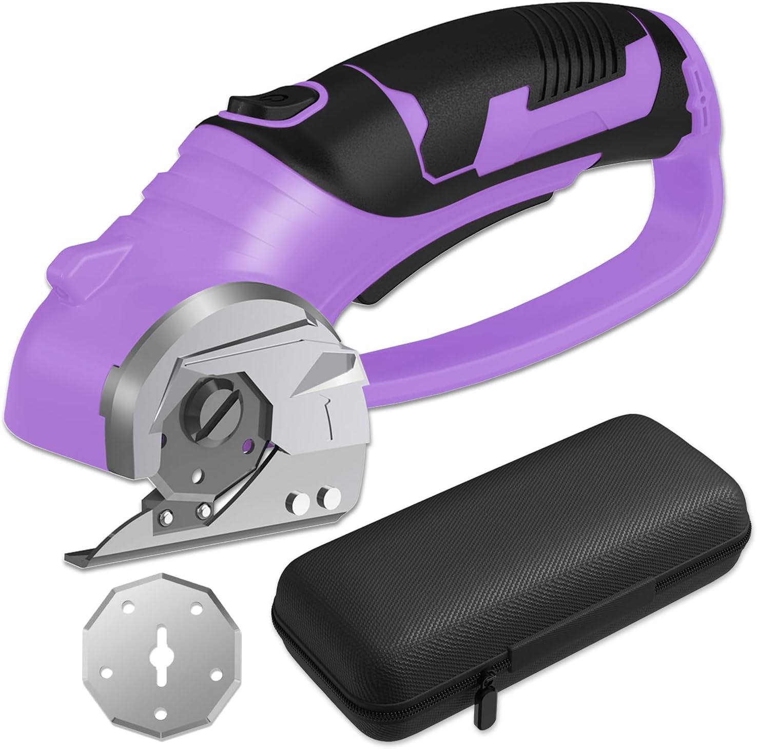 Cordless Electric Scissors, 4V Box Cutter & Cardboard Cutter with 2 Titanium Blades - Rotary Cutter with LED Light for Fabric, Leather, Carpet, Plastic, Crafting + Storage Case (Purple)