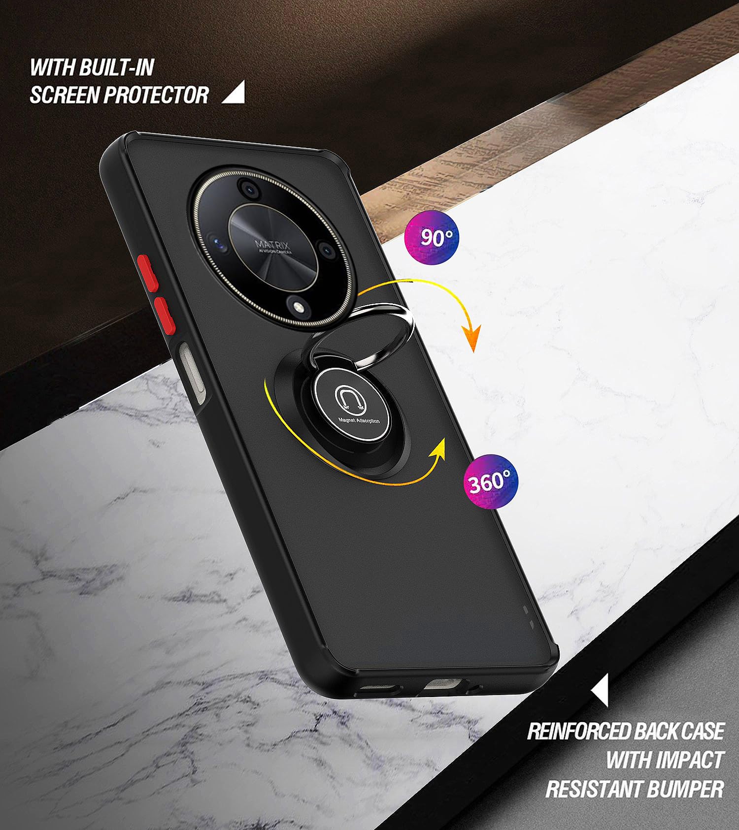 RonRun Cover per Honor Magic6 Lite, 360°Rotante Anello Supporto Case Custodia Antiurto Morbida Paraurti TPU in Silicone Copertura - Nero
