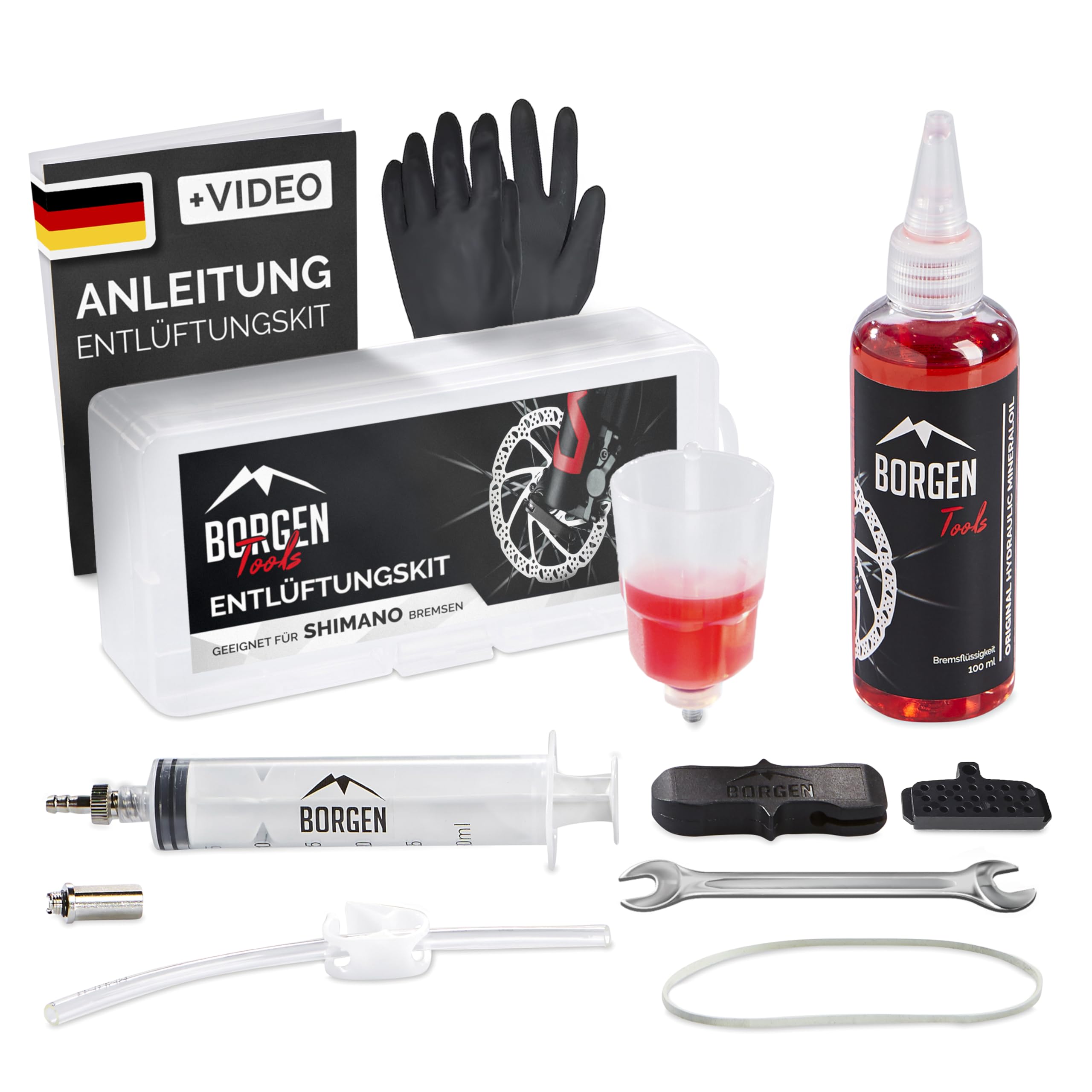 Borgen Bremsen Entlüftungskit für Shimano hydraulische Scheibenbremsen I Fahrrad Bremsen Service Kit I Entlüftungsset mit Schritt für Schritt Anleitung inkl. Hydraulik-Mineralöl für Scheibenbremse