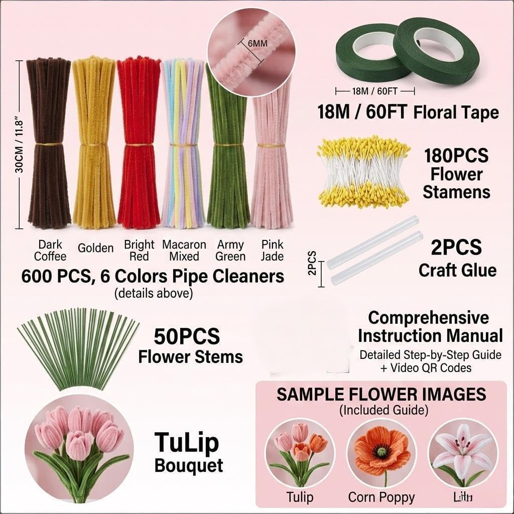 600PCS Pipe Cleaners Flower Kit - Premium Chenille Stems with Video Tutorial for DIY Bouquet - 6 Colors Pipe Cleaners Craft Kit for Adults, Anniversary & Mother’s Day Decor (Tulips, Corn Poppy)