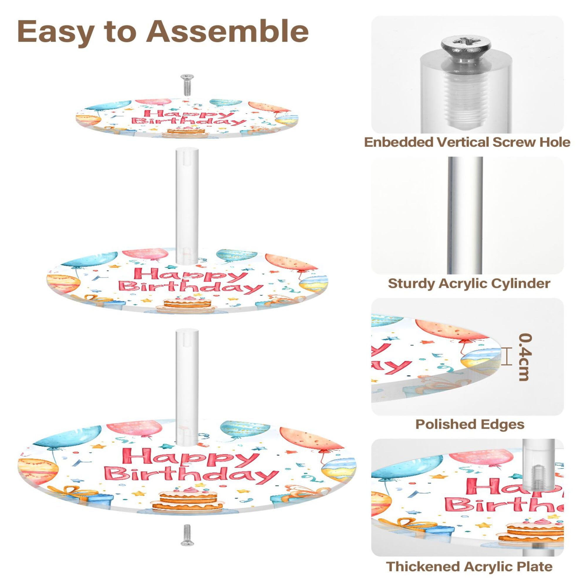 PYBUG Happy Birthday 3 Tier Acrylic Cupcake Stands Tower,Dessert Table Display Set for Tea Party,Wedding,Birthday, Baby Shower