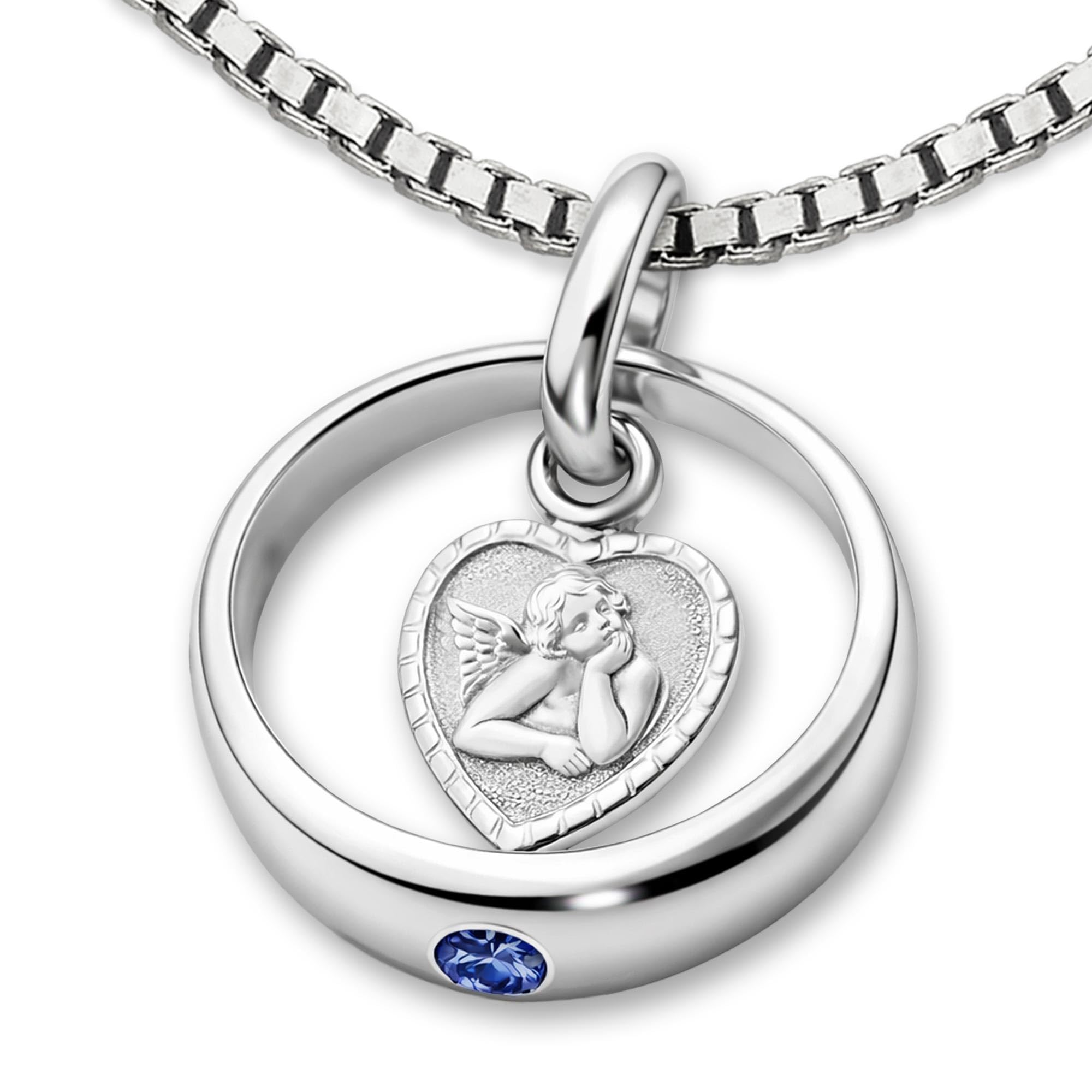 CLEVER SCHMUCK Collier de baptême en argent sterling 925 avec pierre bleu safire avec ange en forme de cœur Chaîne Venezia 36 cm Cadeau de baptême dans un étui bleu clair