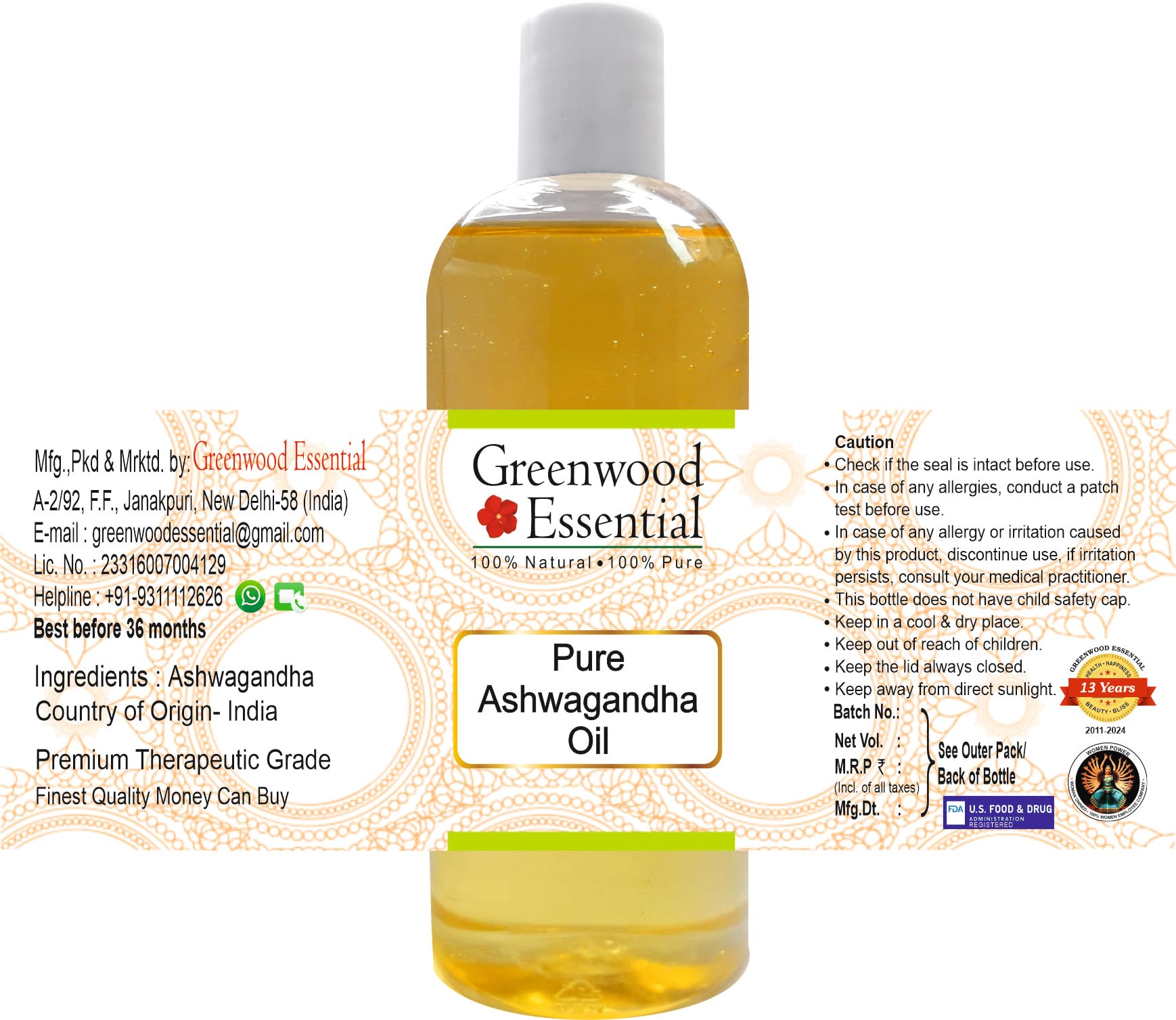 Greenwood Essential Naturreine Ashwagandha-Öl (Withania somnifera) Natürliche therapeutische Qualität 200ml (6.76 oz)