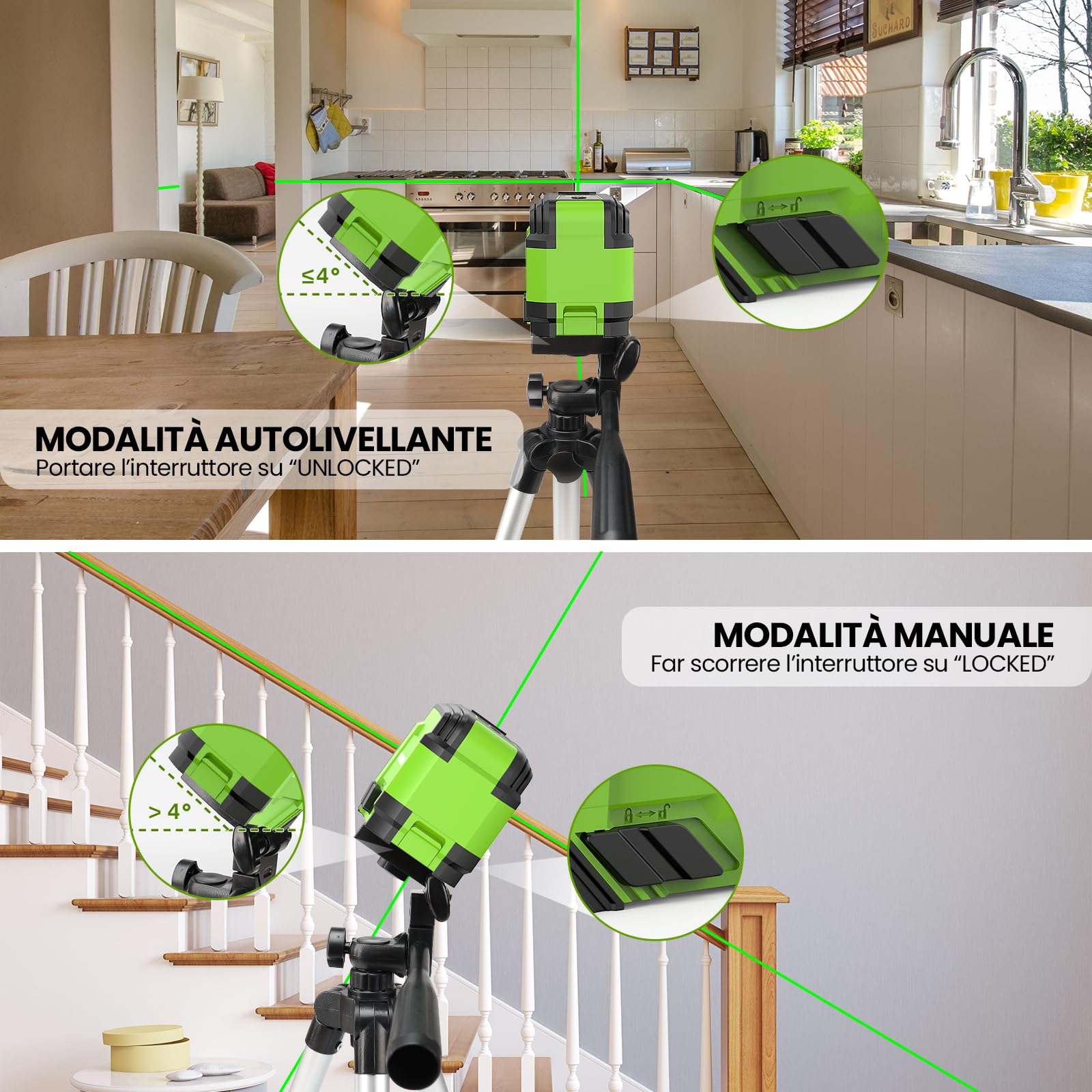 Huepar GK011DG Livella Laser Autolivellante con Treppiede 1,02 m, Laser Verde a Croce Orizzontale 110° e Verticale 110°, IP54, Borsa, Occhiali e 2 Pile AA, 30m Livella Laser per Casa, Appendere Quadri