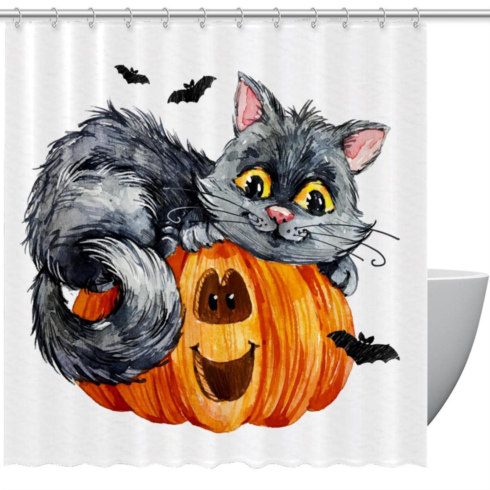 Rideau de douche anti-moisissure étanche 168x183 avec motif chat Halloween