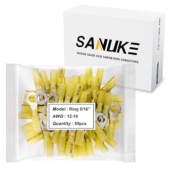 Sanuke 55Pcs 12-10 AWG - 5/16" Heat Shrink Ring Terminals 1.0mm Tinned Pure-Copper Marine Grade Waterproof Heat Shrink Wire Connectors Yellow
