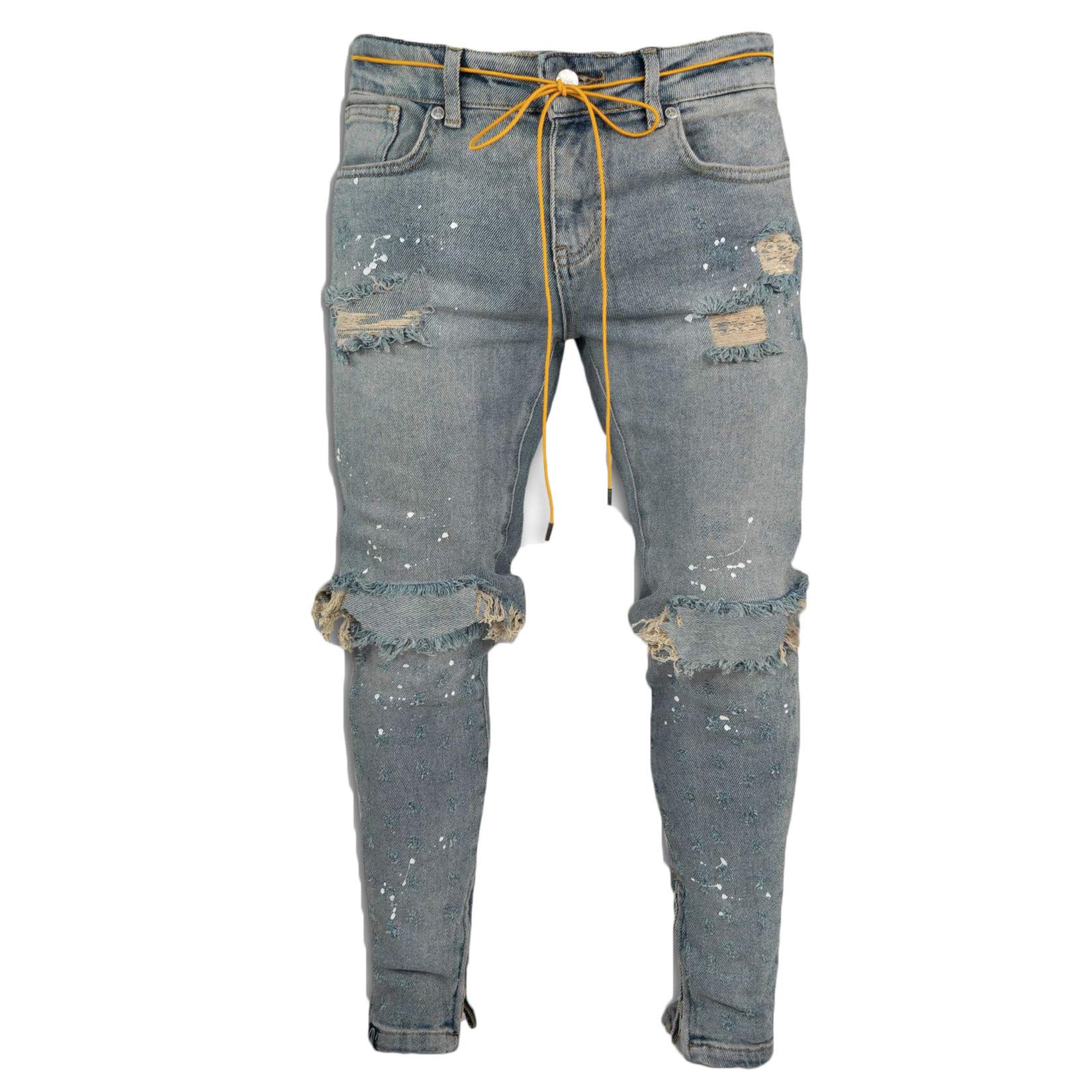 Andongnywell Mens Ripped Skinny Straight Fit Zipper Jeans Distressed Denim Pants with Multi Pocket Destroyed Trousers