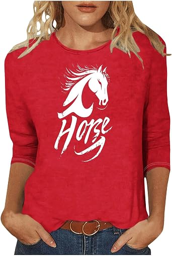 2026 Horse Print Tops for Women Trendy Happy New Year Shirts Casual 3/4 Sleeve Crewneck Tunic Tee Loose Fit Blouses
