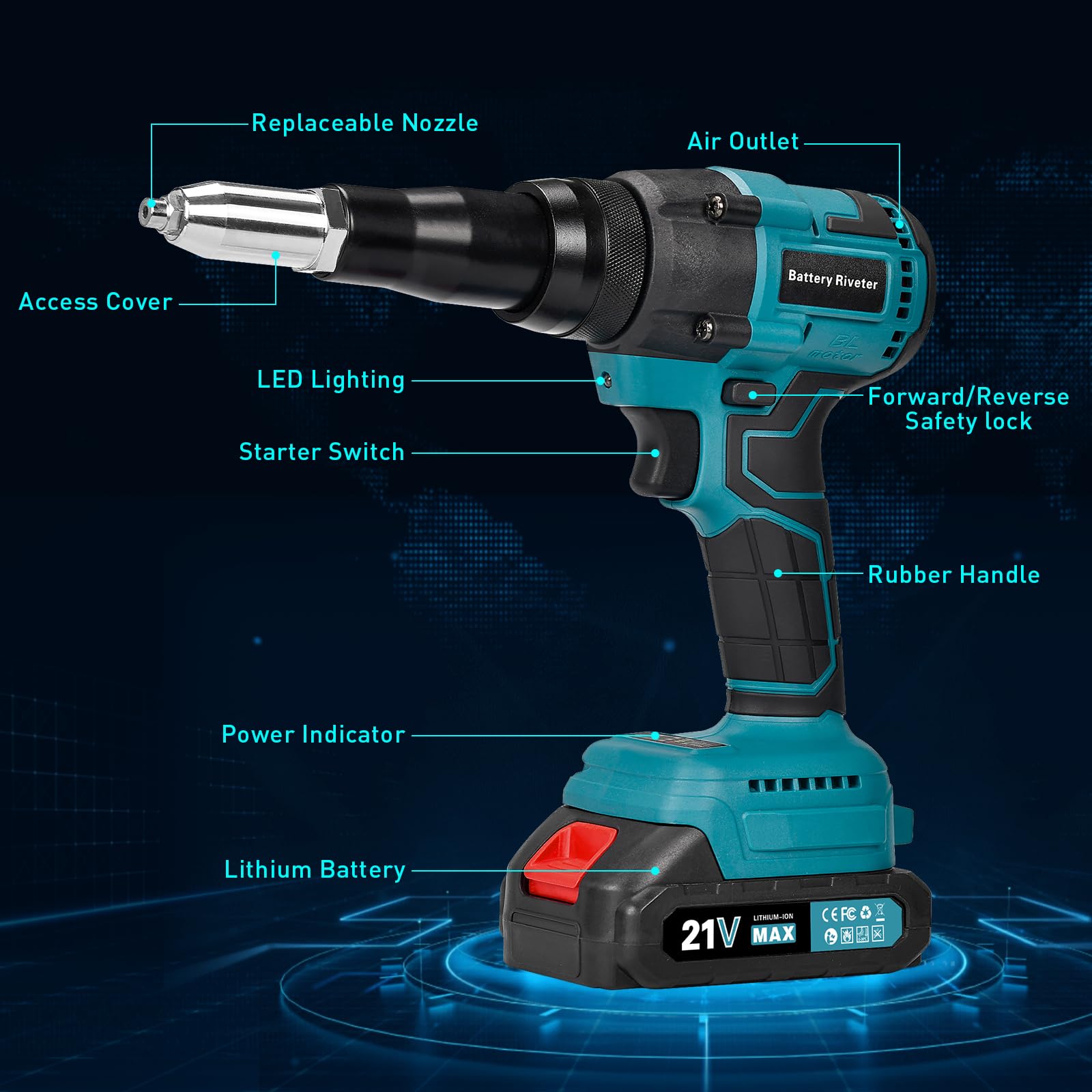 Rivettatrice a Batteria, 20000N Pistola a Rivetti Senza Spazzole, Rivettatrice Elettrica Automatica con 2x1.5Ah Batterie, per rivetti 2.4-4.8 mm, Corsa 18mm, per cantieri