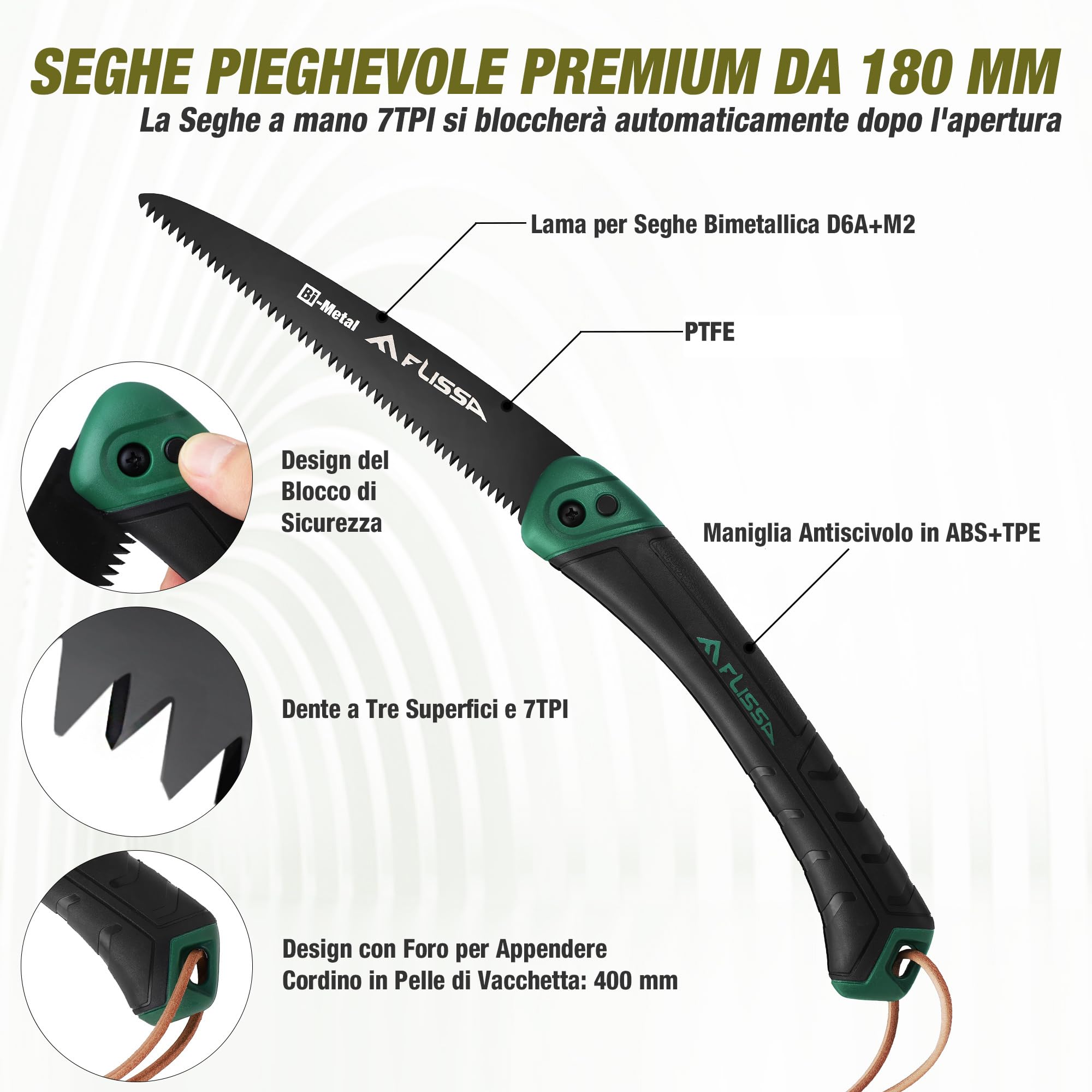 FLISSA Coltello a Lama Fissa & Sega a Mano Pieghevole Set, Coltello da Caccia da Campeggio con Fodero 105mm, Sega da Potatura Pieghevole 180mm per esterni, campeggio, giardino