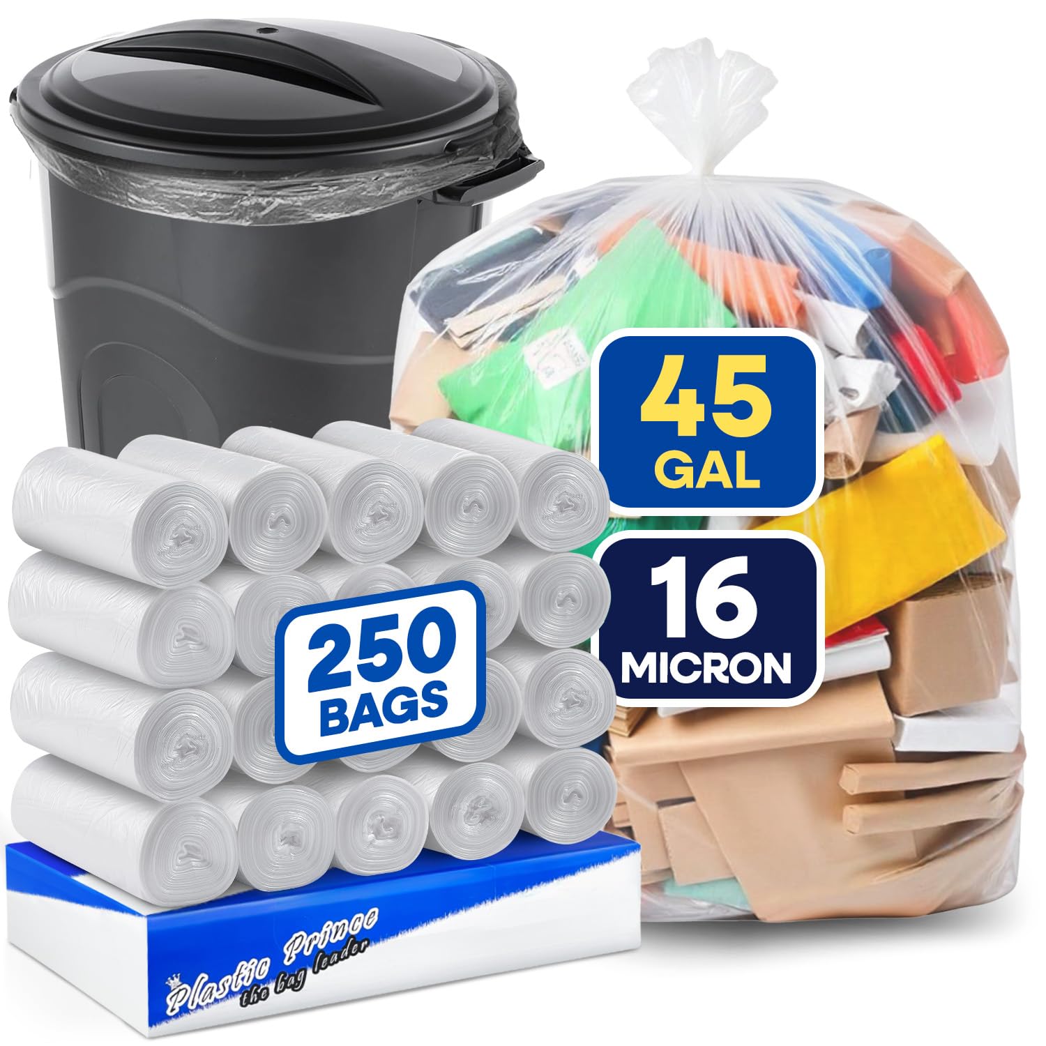 PLASTIC PRINCE 40-45 Gallon Trash Bags, Clear Trash Bags 40"W × 48"L, 16 Micron Clear Garbage Bags, 40-45 Gal High-Density Garbage Can Liners, Fits Square and Round Trash Cans, Pack of 250