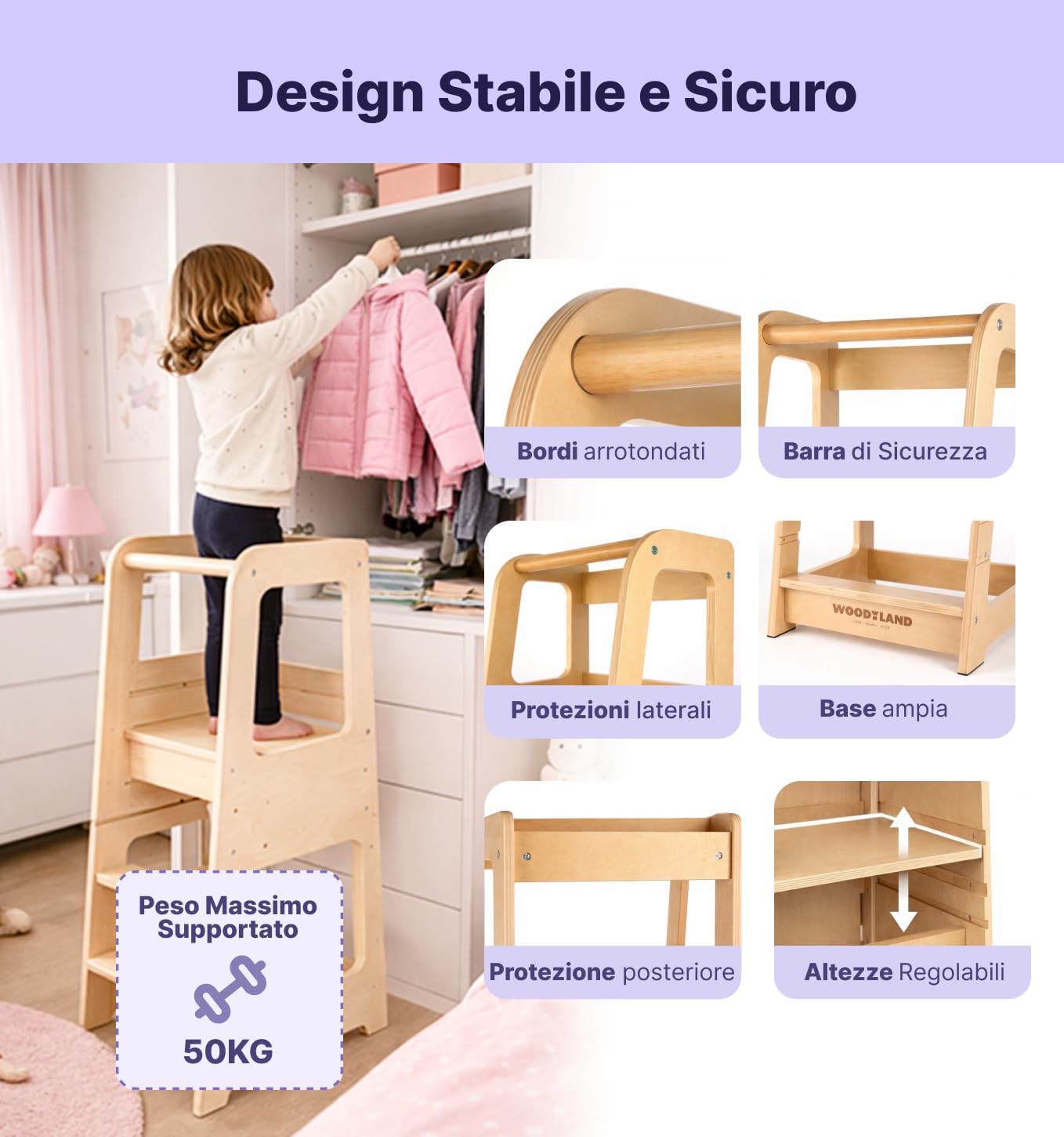 WOODYLAND Torre montessoriana Live, Scala bambini regolabile in altezza, Legno vero 40x39,5x90 cm