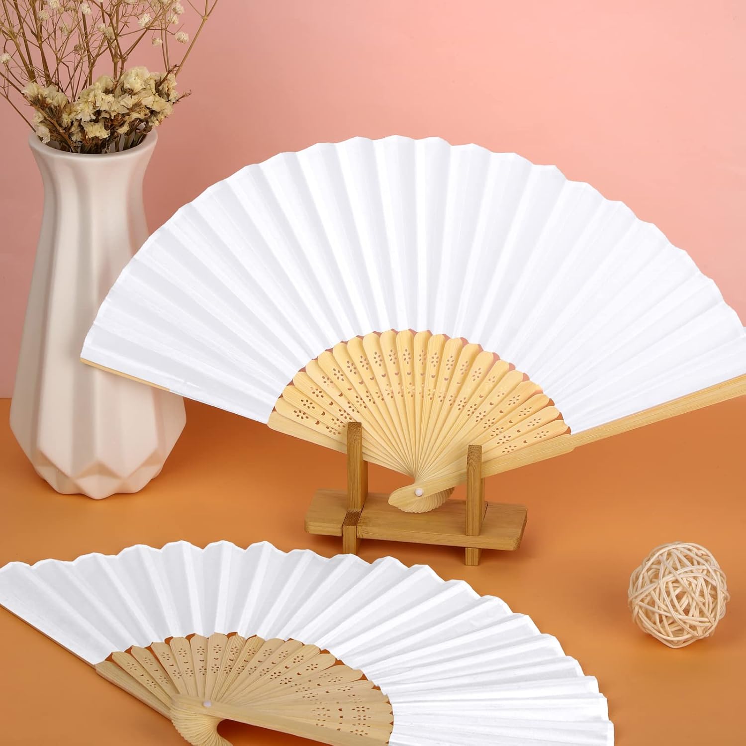 Aodaer 36 Pieces Silk Folding Fans with Fabric Sleeve Bamboo Folded Fans Handheld Folding Fans Decoration Fans for Wedding, Bridal Shower, Home Decoration, White