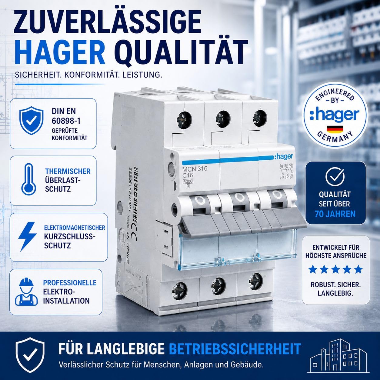 Hager MCN316 Leitungsschutzschalter 3-polig C16A, 6kA LS-Schalter für Drehstrom, 3P Sicherungsautomat, biconnect Klemmsystem, 3 Module, 230/400V AC, IP20, Kurzschluss- und Überlastschutz