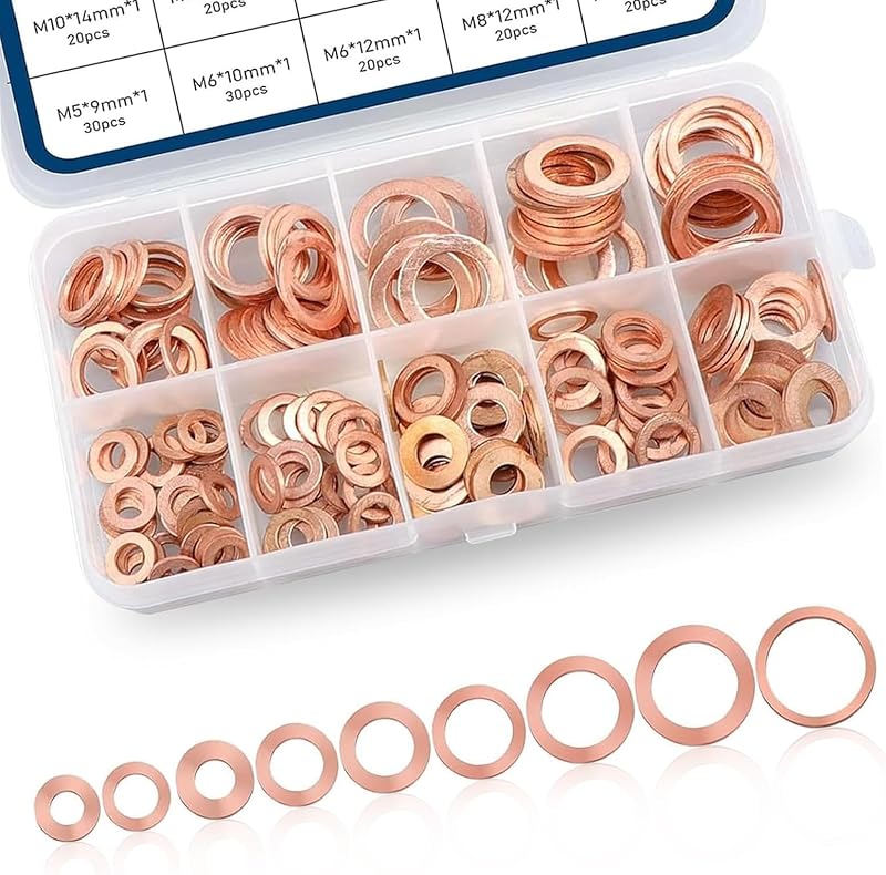 Kit com 200 Arruelas de Cobre para Vedação de Bujão de Óleo Heyzidu – Tamanhos M5 a M14
