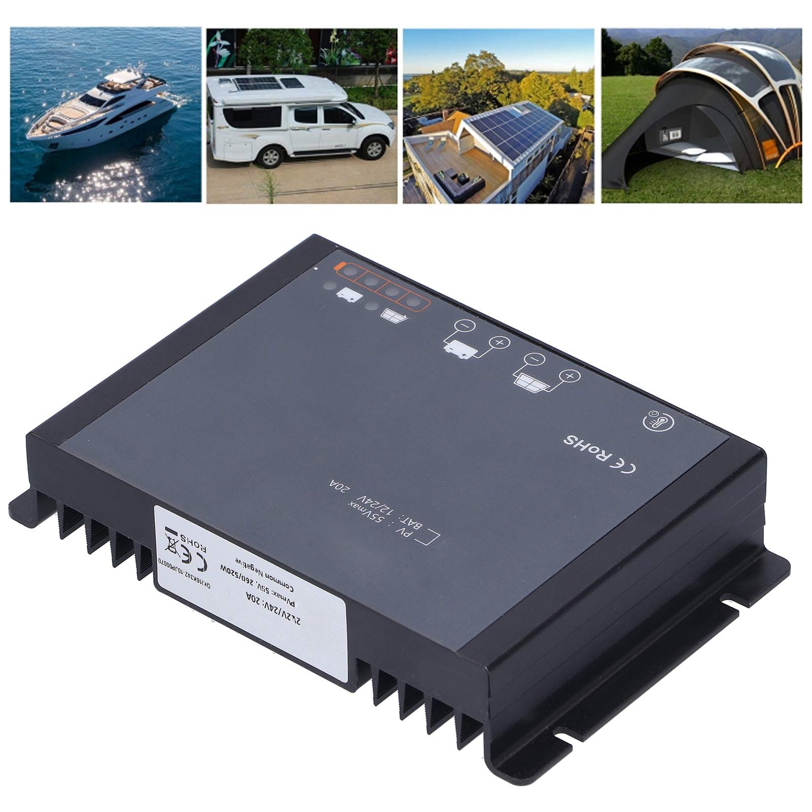 Controlador de Carga Solar MPPT Controlador Solar Regulador Enfoque de Seguimiento Automático Resistente al Agua con Bluetooth 20A DC 12/24V