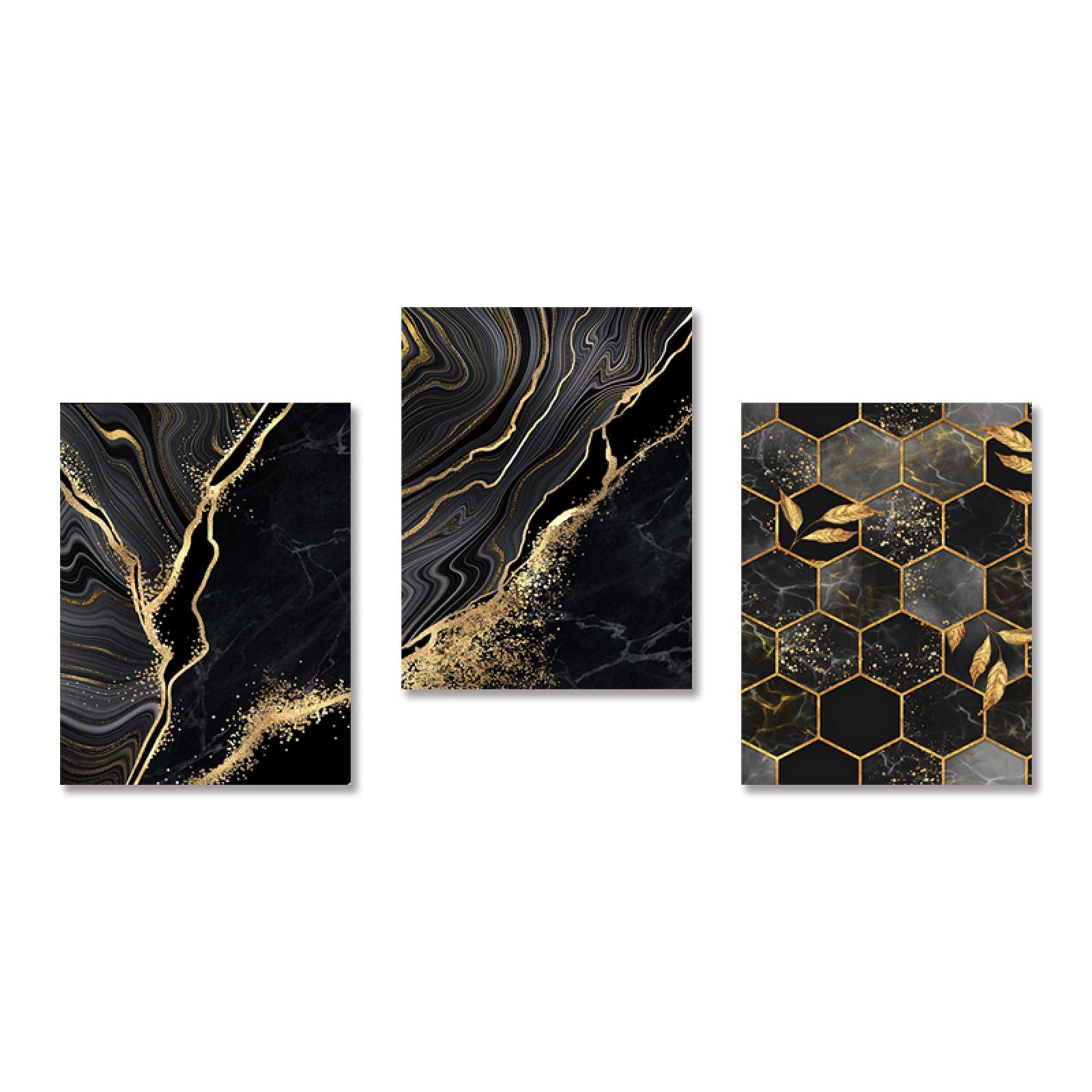 Toile Mosaïque pour Murs Vides l Triptyque Abstrait Noir Blanc et Or 70x100cm HD - 8
