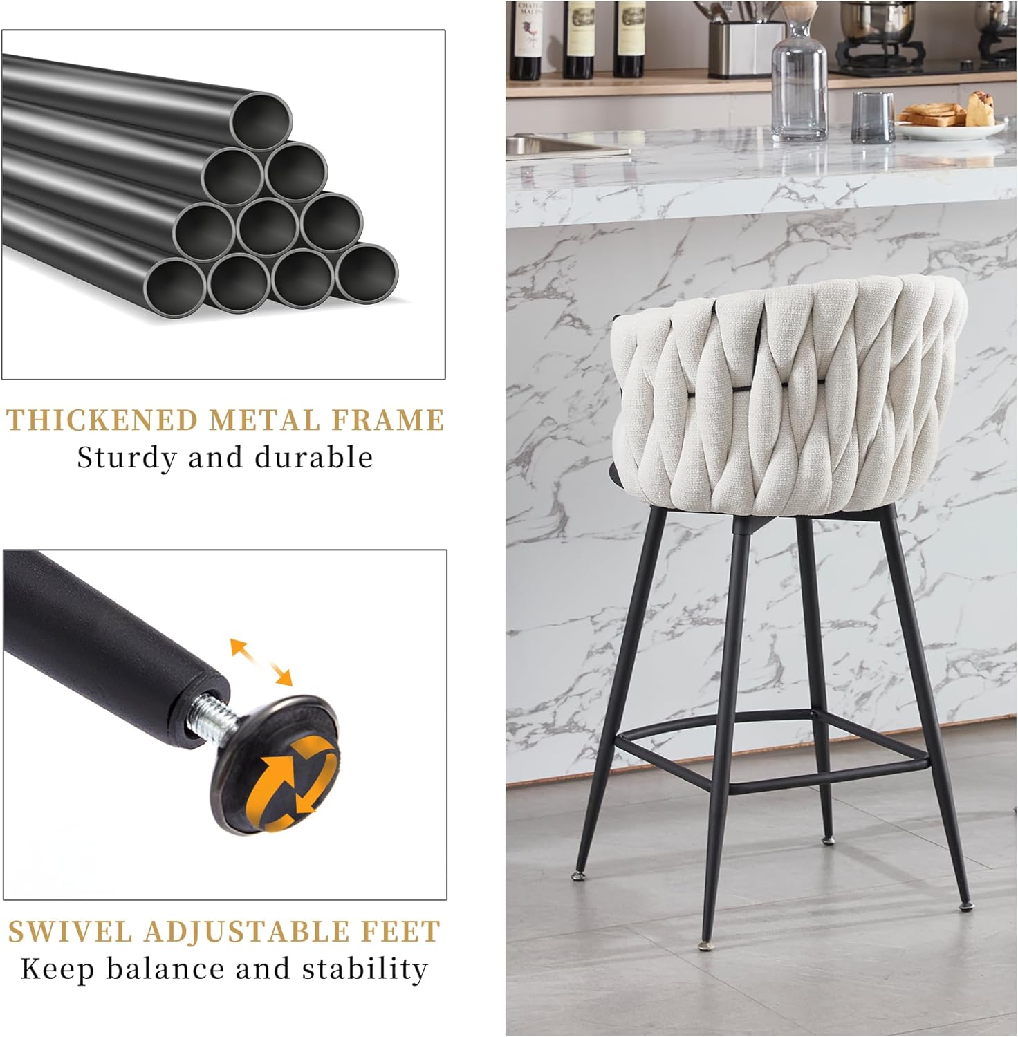 BFZ Bar Stools Set of 2 for Kitchen Counter, 26 inch Modern Fabric Counter Height Barstools, 360°Swivel Bar Chairs Stools with Woven Back and Footrest for Bar, Kitchen Island