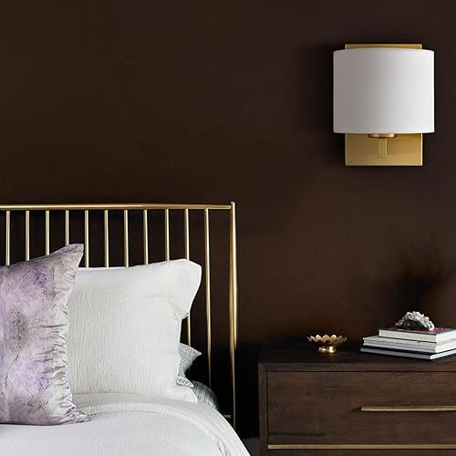 Miniatura 4 de SAMTEEN Juego de dos apliques de pared dorados modernos de latón de mediados de siglo, con pantalla de tambor, lámpara de pared para dormitorio,