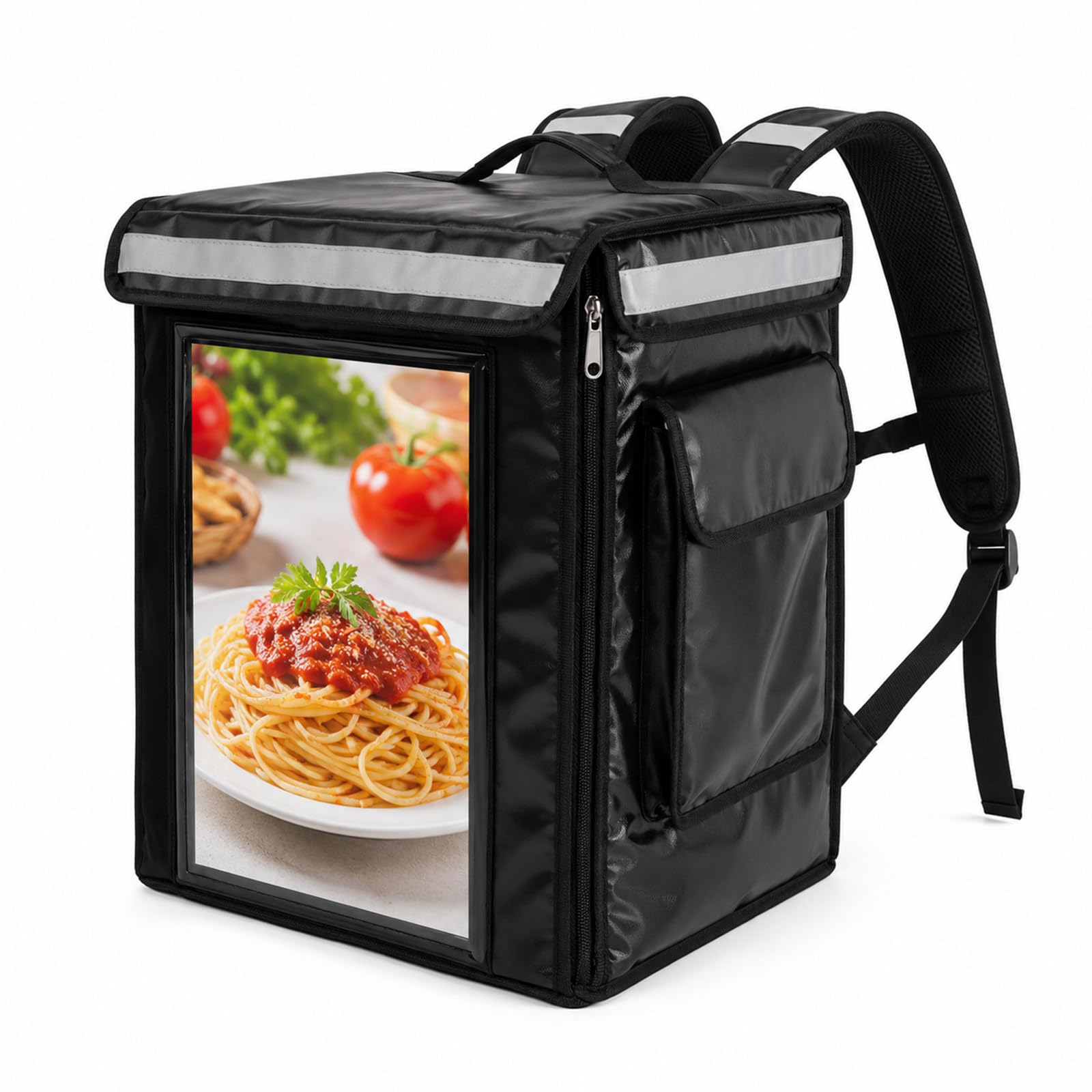 Zaino per Consegna Cibo con Schermo LCD, Risoluzione 1920 × 1080 HD | Ingressi Wi-Fi, USB e HDMI con Memoria da 16 GB per Ristoranti, Mercati Gastronomici e Fiere Commerciali Locali