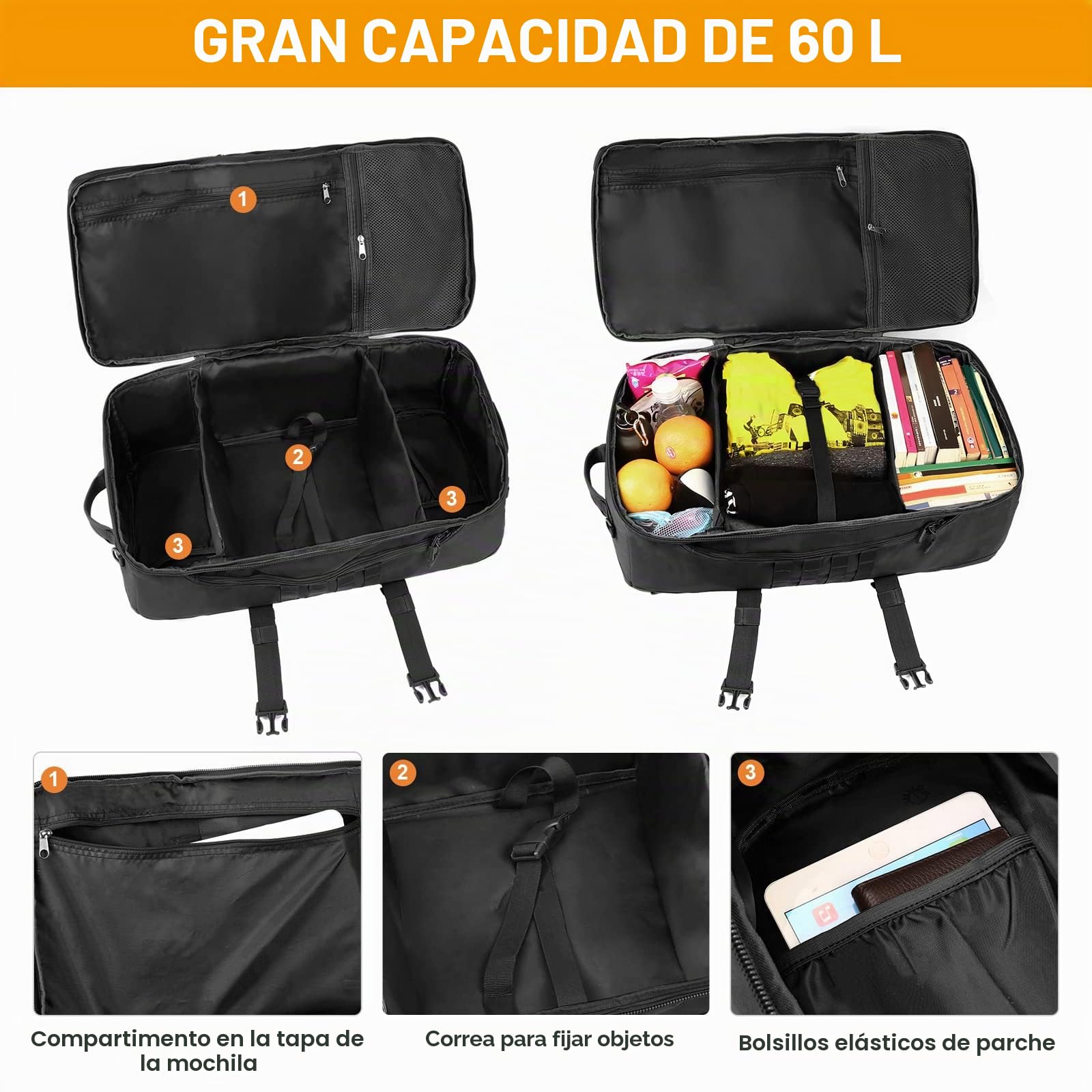 HUNTVP Mochila de Asalto Mochila de Bandolera Bolsa de Riñonera 3 vías para Llevar Estilo Militar Táctical Gran Mochila Impermeable 60L para Las Actividades Aire Libre Senderismo Caza Viajar
