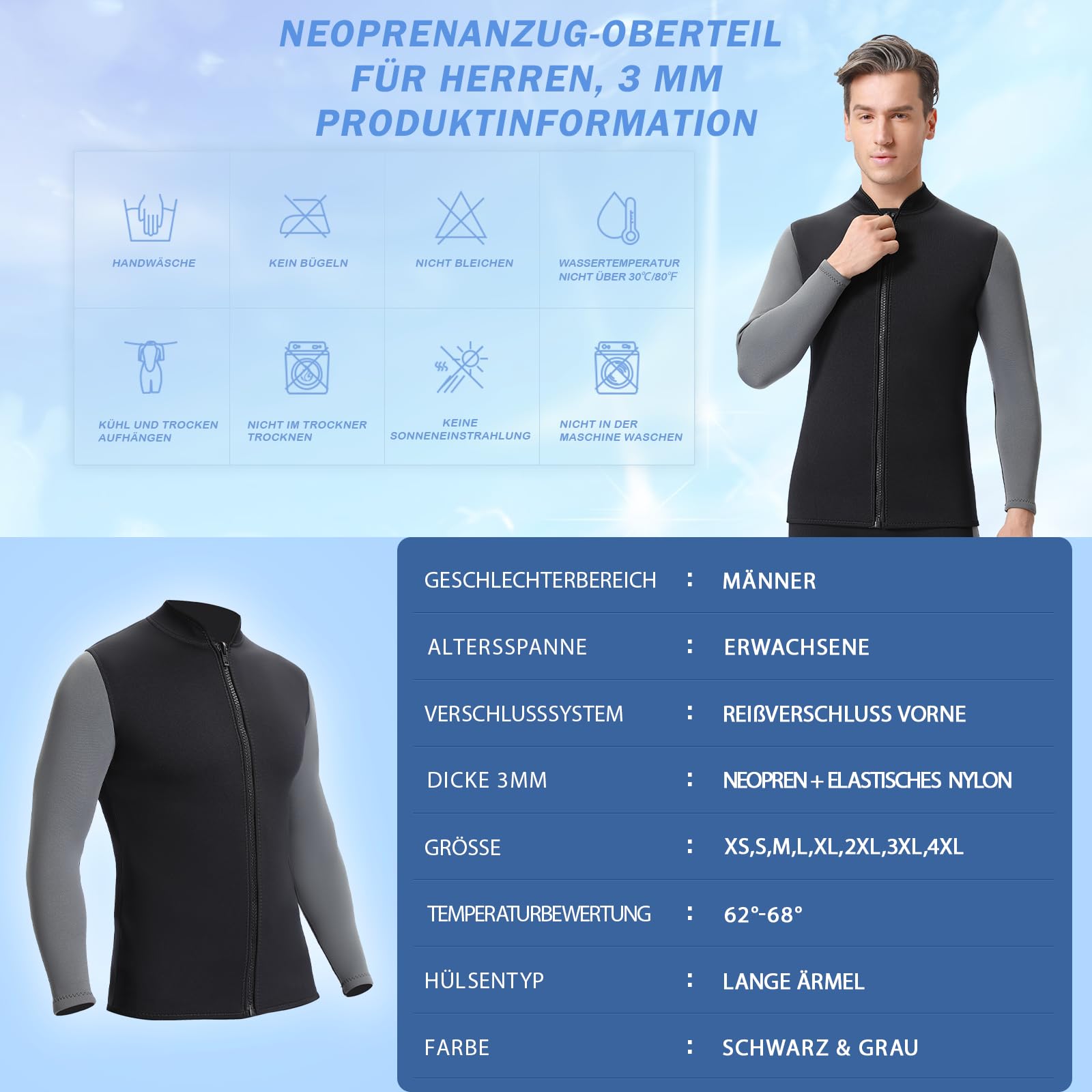 FLEXEL Veste de Combinaison en Néoprène Homme Femme 3mm, Veste de plongée Top à Manches Longues Rash Guard Fermeture éclair sur Le Devant pour Le Surf, la Natation, la Plongée en apnée