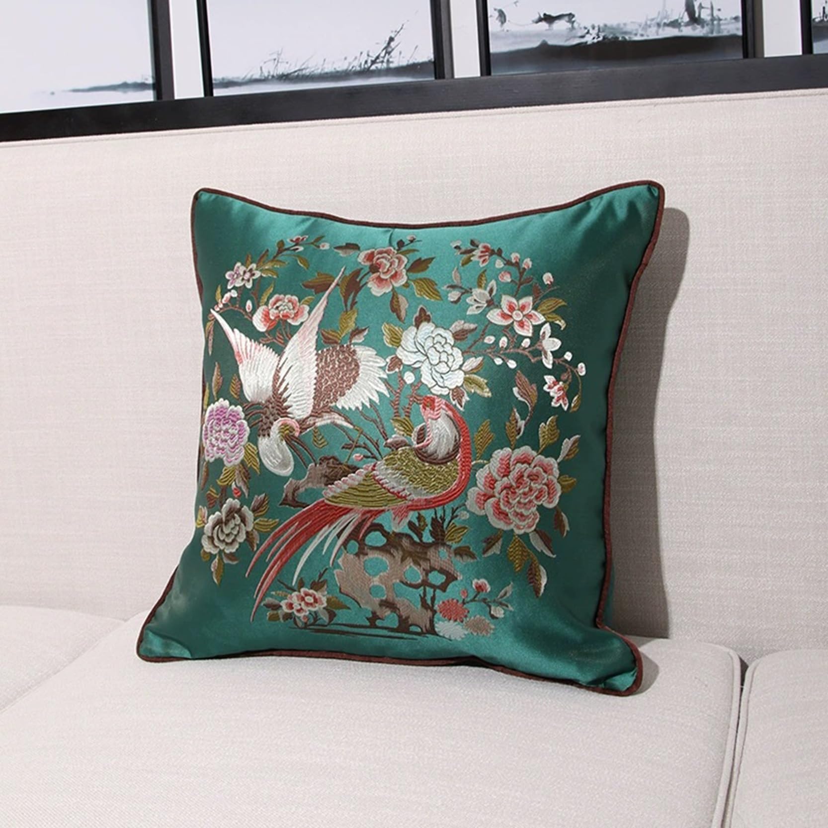 WABMJGW Birdsong and Floral Pattern Cushion Covers Set of 2,Decorative Throw Pillow Covers with Hidden Zipper,Comfortable Sofa backrest Square/Rectangular Pillow Cases(Green,48x48cm)