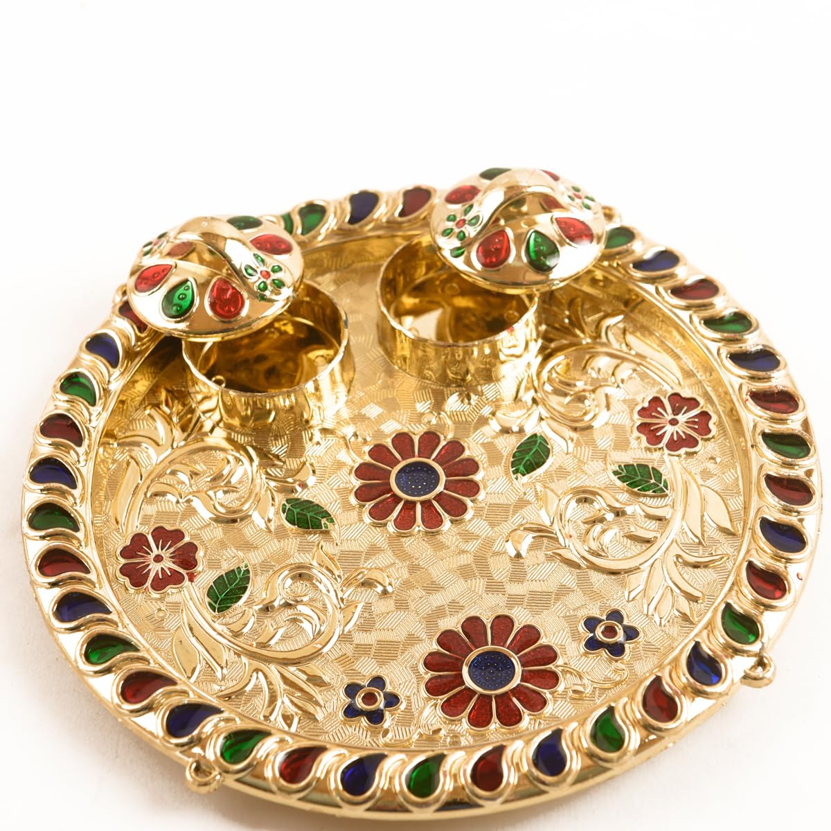 Gold Peacock Minakari Thali Set - Traditional Puja Gift -1