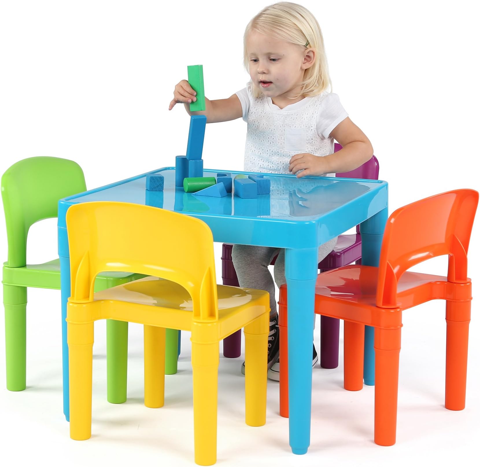 Humble Crew, Blue Table & Red/Green/Yellow/Purple Kids Lightweight Plastic Table and 4 Chairs Set, Square