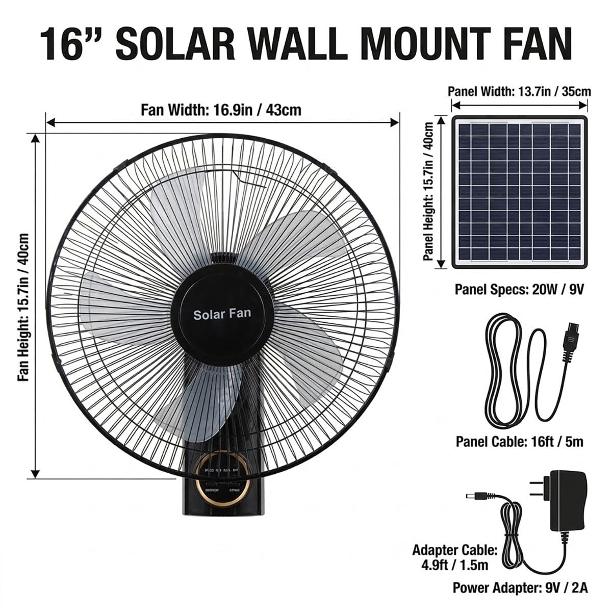 Ventilador Solar Potente 40cm, Montaje en Pared con Mando, Sin Electricidad Ventilador con Placa Solar y Bateria para Jardín, Gallinero, Cobertizo e Invernadero, Oscilante 90°