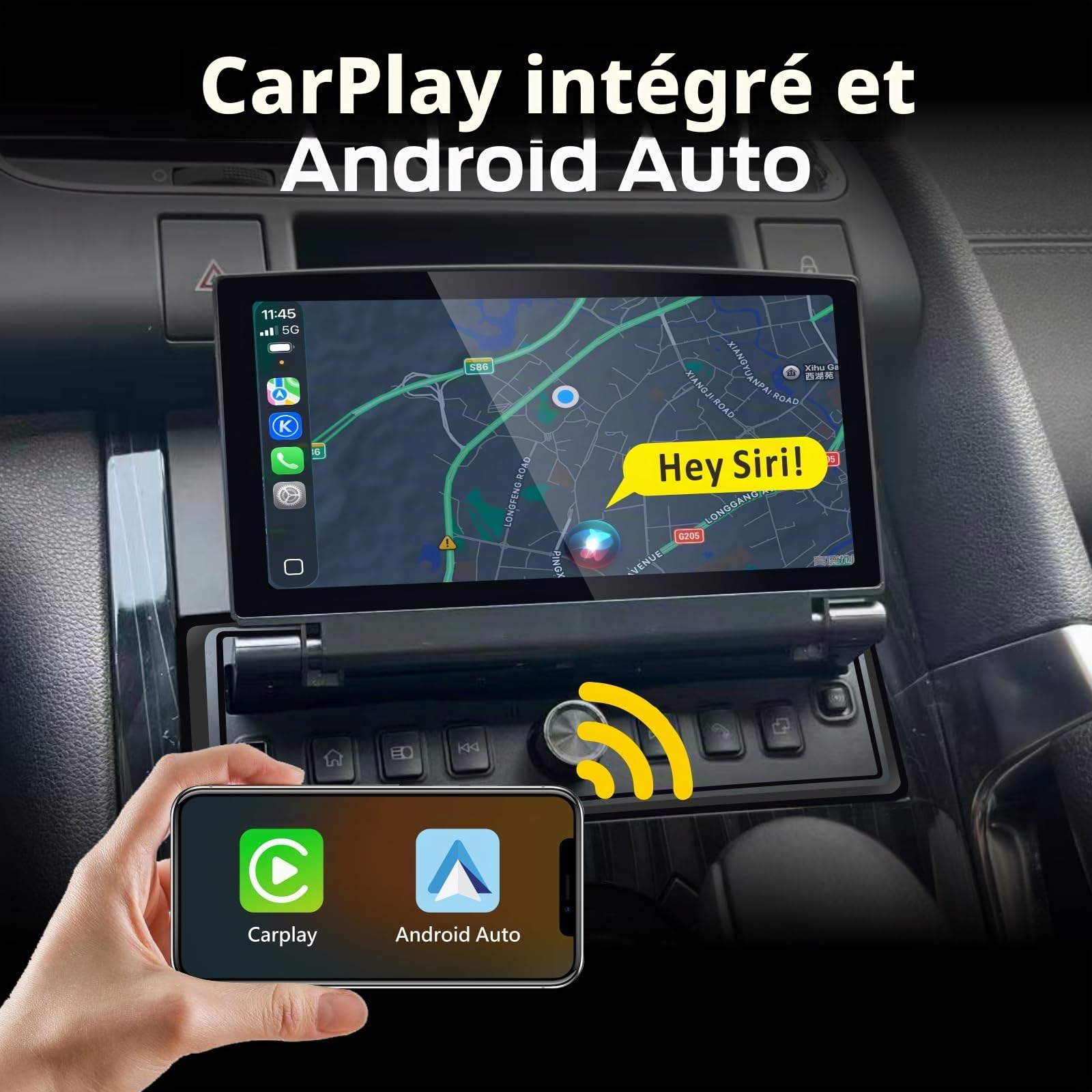 Autoradio Simple DIN avec écran escamotable, CarPlay sans Fil et Android Auto, autoradio Tactile avec écran Rabattable, qualité sonore de Niveau OEM, Bluetooth, FM RDS