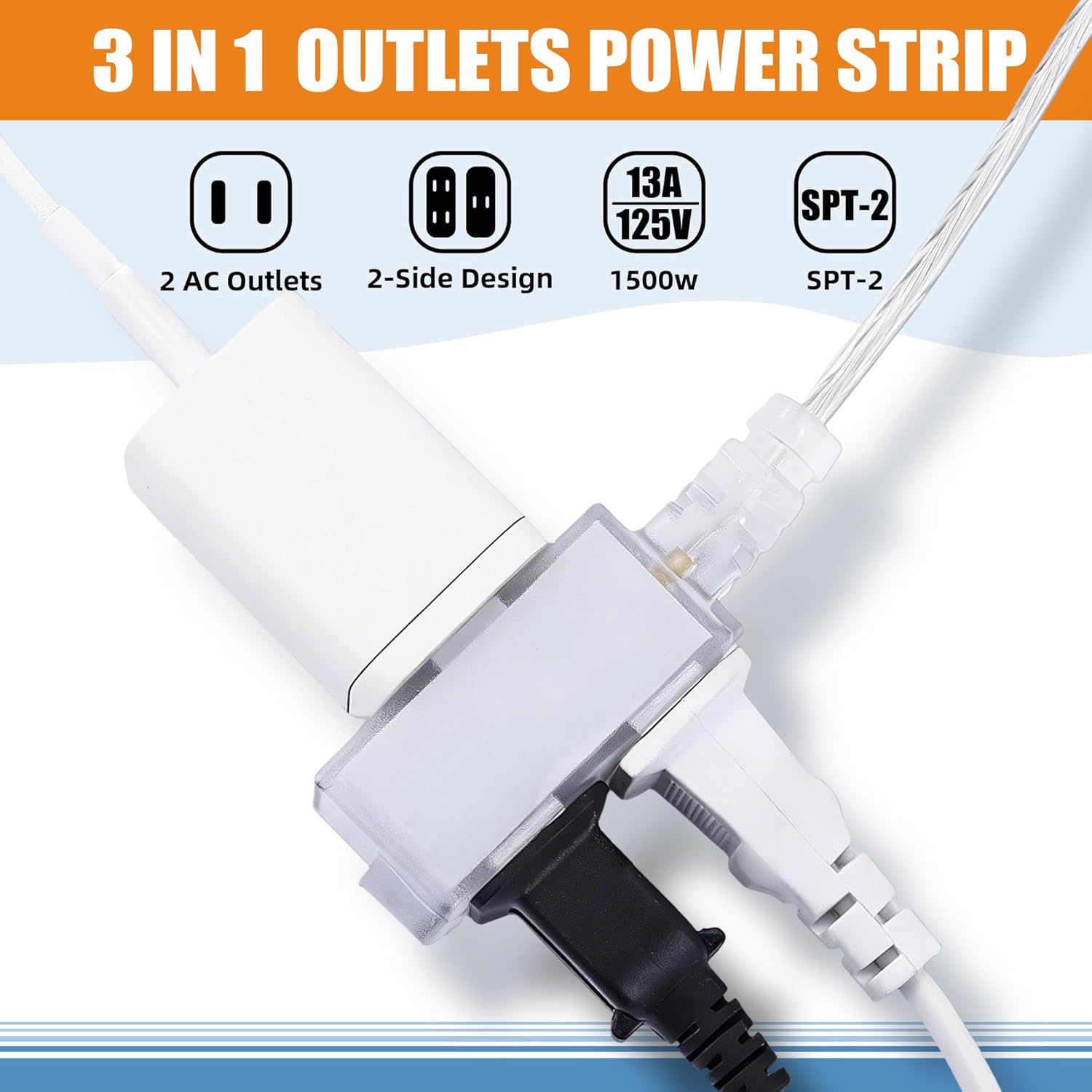 2 Pack Clear Extension Cord with Foot Switch 3 Outlet 15 FT Invisible Extension Cord 2 Prong Power Cable Male to Female, UL-Certified, 13A/125V, 2 x 16 AWG